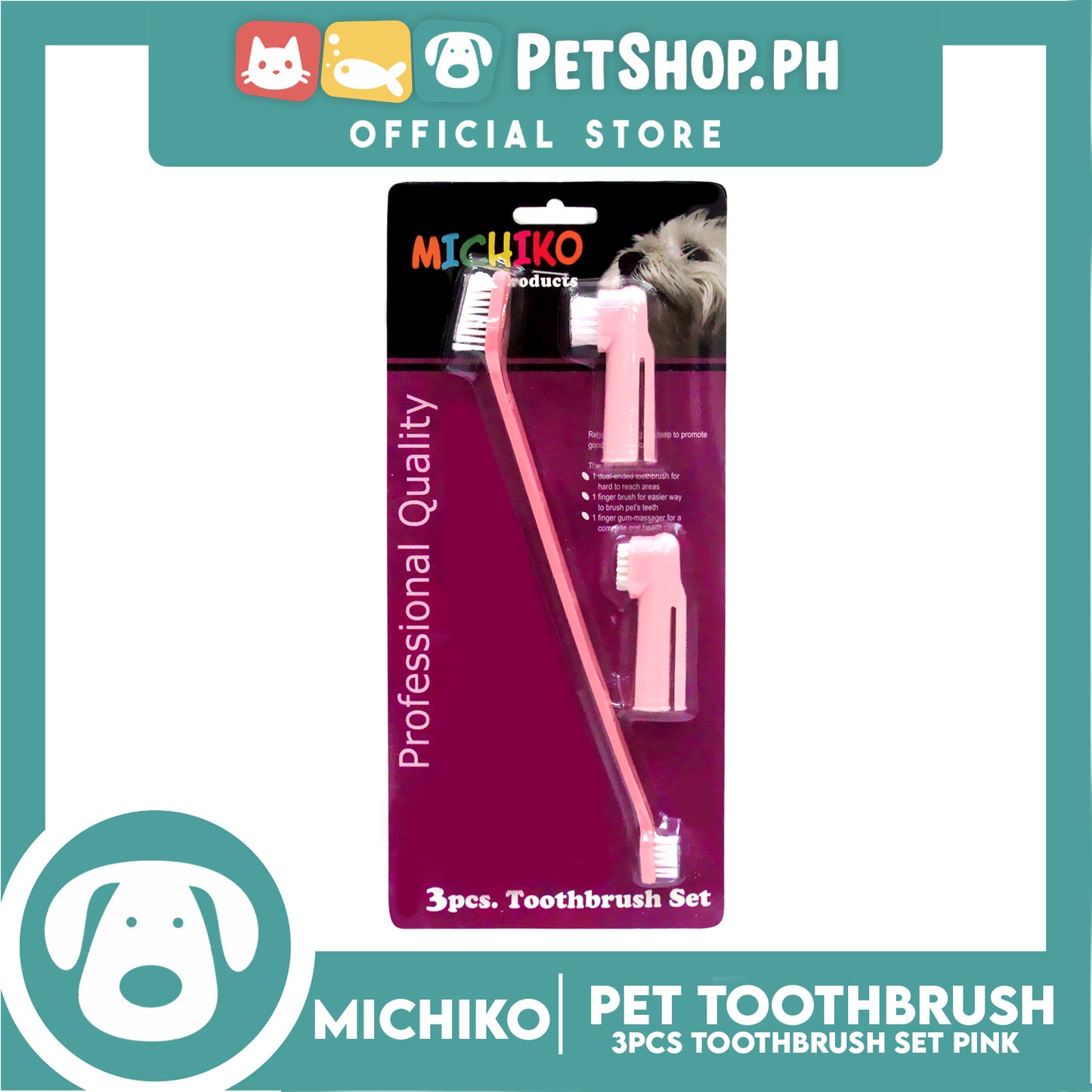 Michiko 3pcs Pet Toothbrush Set (Pink) Pet Finger Brush, Pet Finger Gum Massager, Pet Dental Care