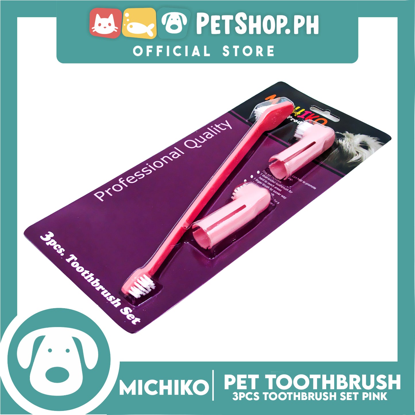 Michiko 3pcs Pet Toothbrush Set (Pink) Pet Finger Brush, Pet Finger Gum Massager, Pet Dental Care