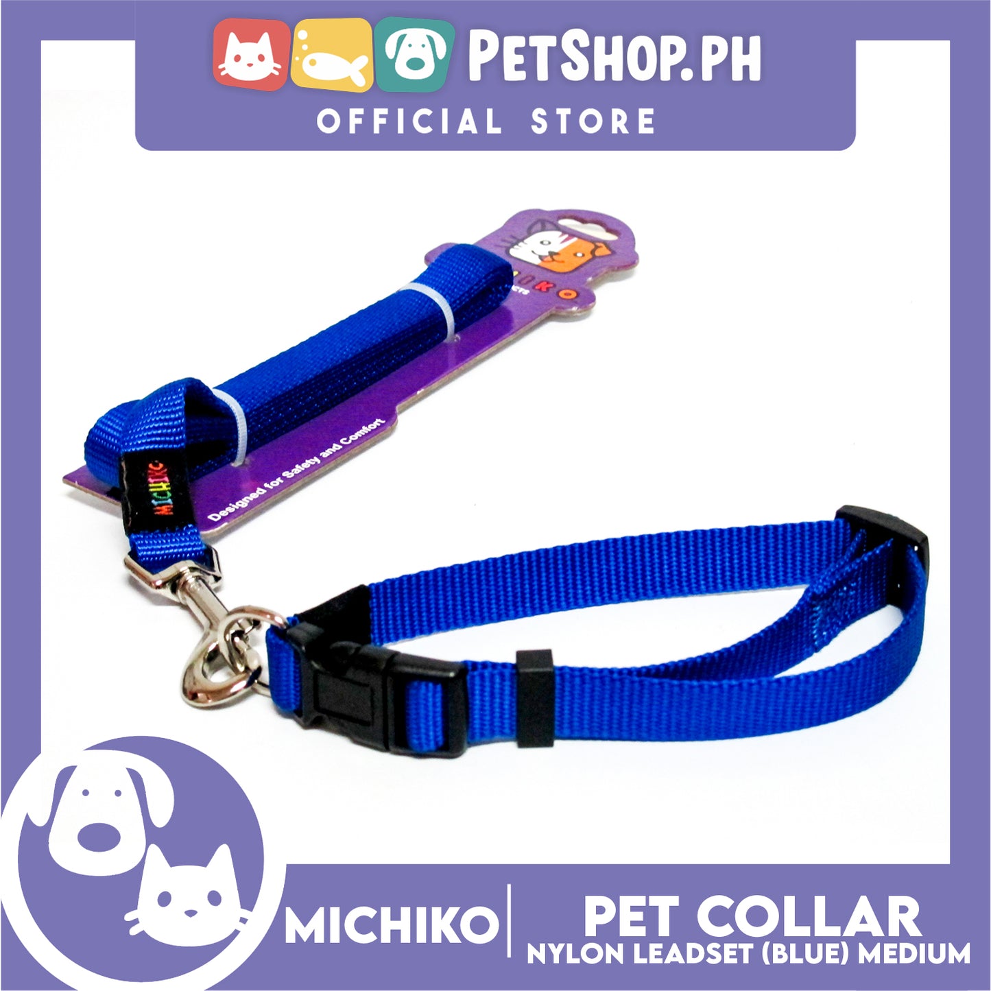 Michiko Nylon Collar Lead Set Blue (Medium) Dog Pet Collar