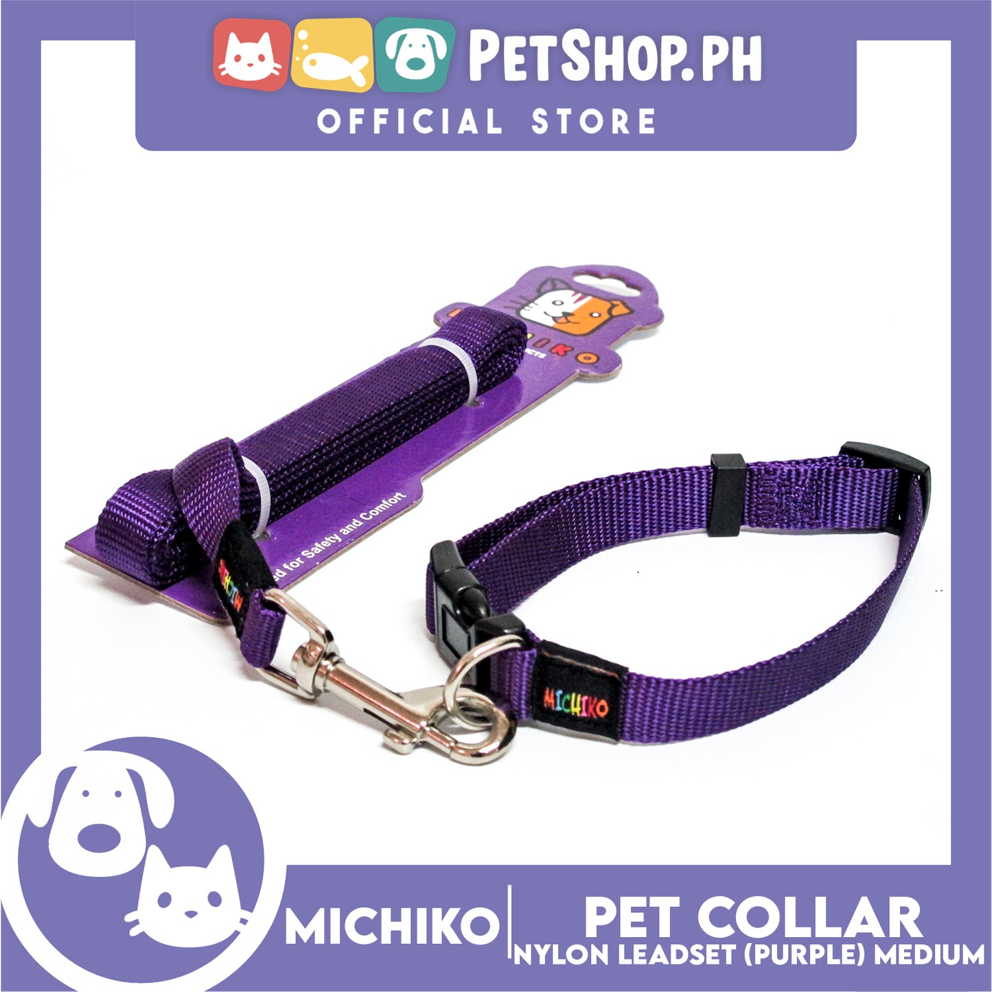 Michiko Nylon Collar Lead Set Purple (Medium) Dog Pet Collar