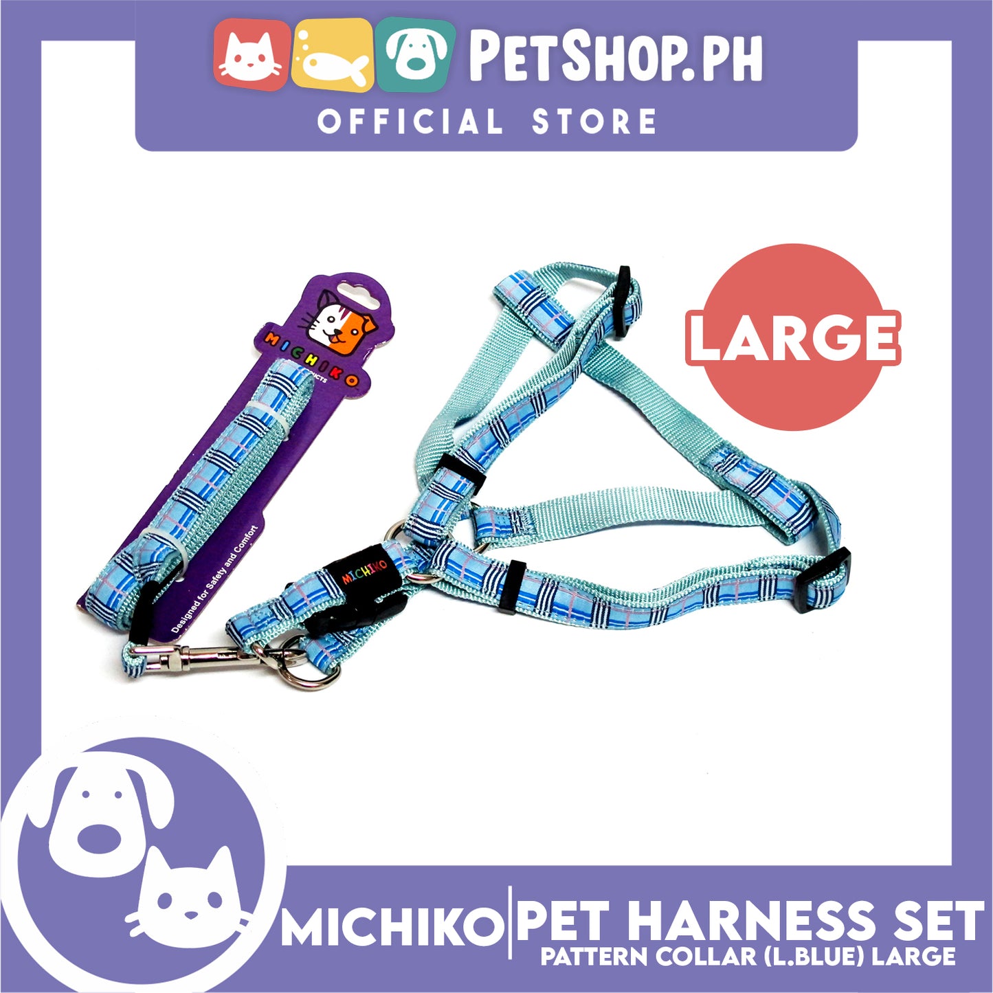 Michiko Pattern Harness Set Light Blue (Large) Perfect for Your Dog