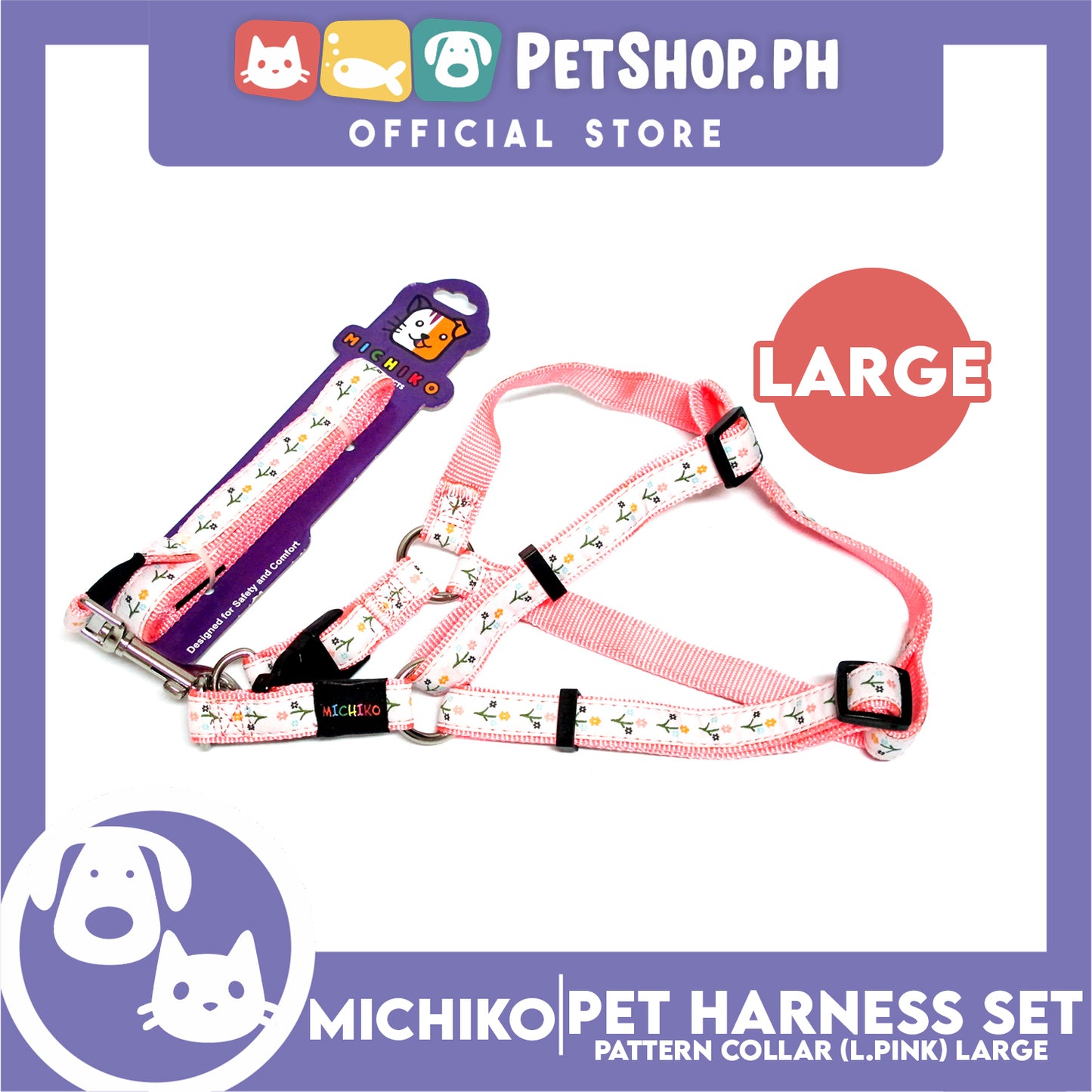 Michiko Pattern Harness Set Light Pink (Large) Perfect for Your Dog