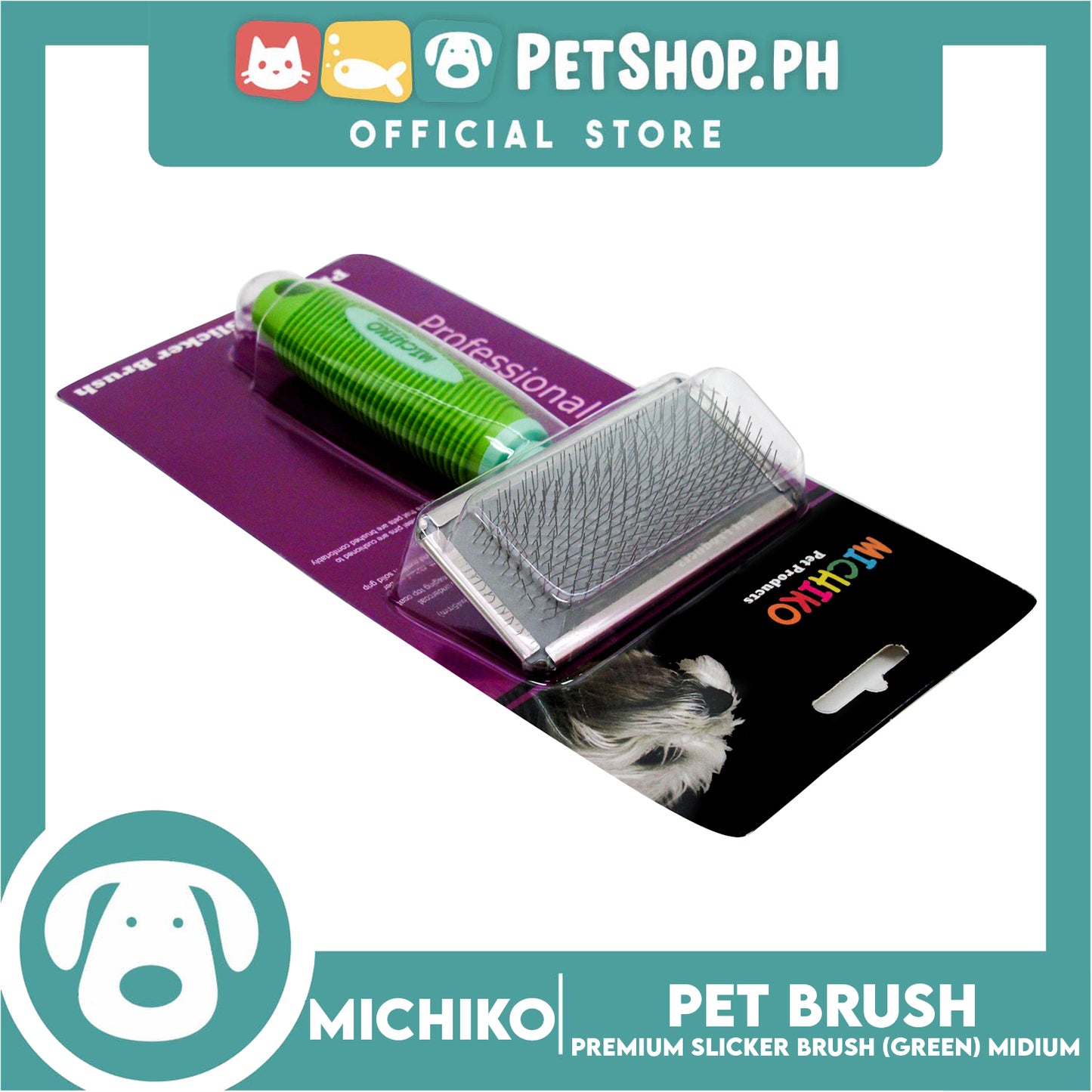 Michiko Premium Slicker Brush Green Color (Medium) Pet Brush, Pet Grooming