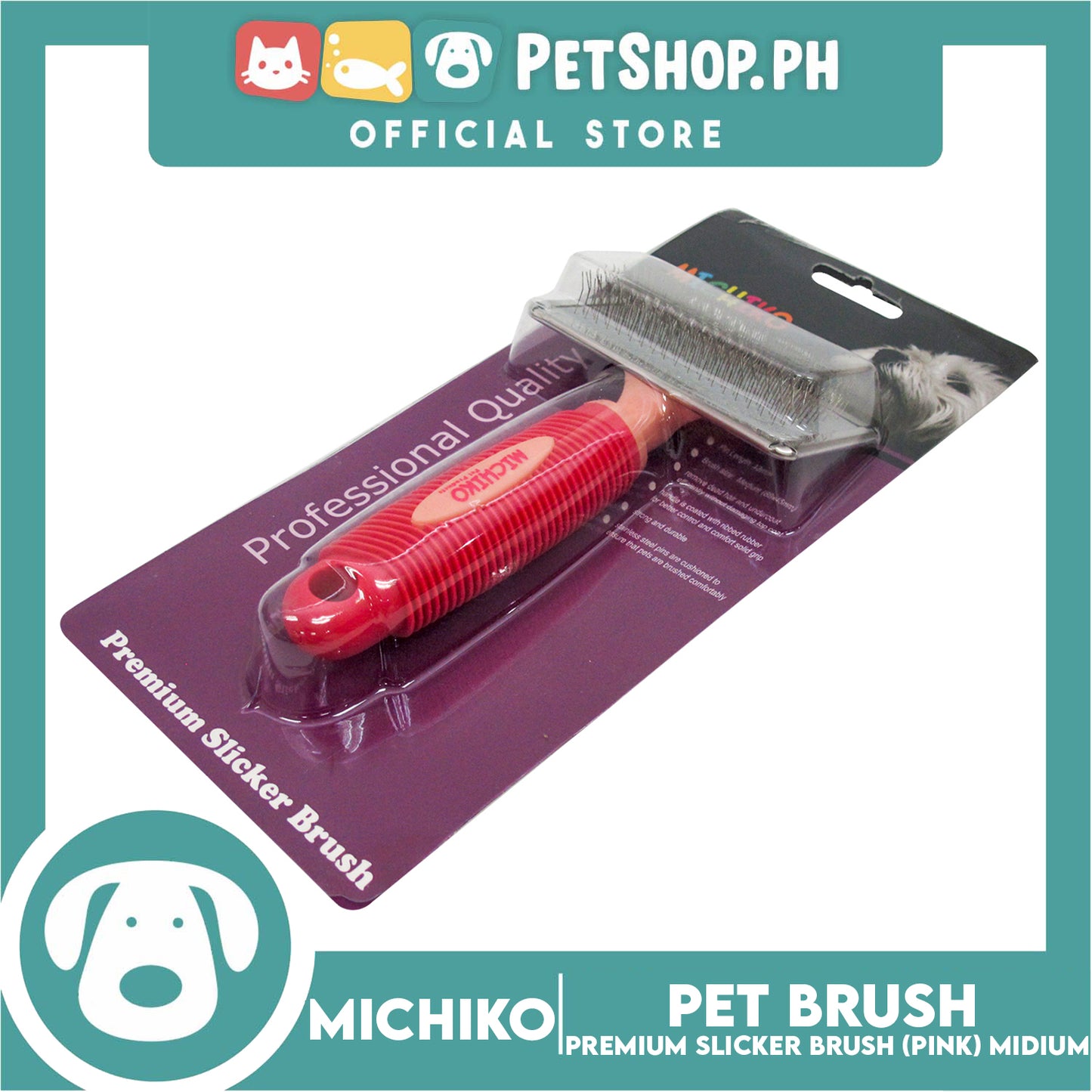 Michiko Premium Slicker Brush Pink Color (Medium) Pet Brush, Pet Grooming