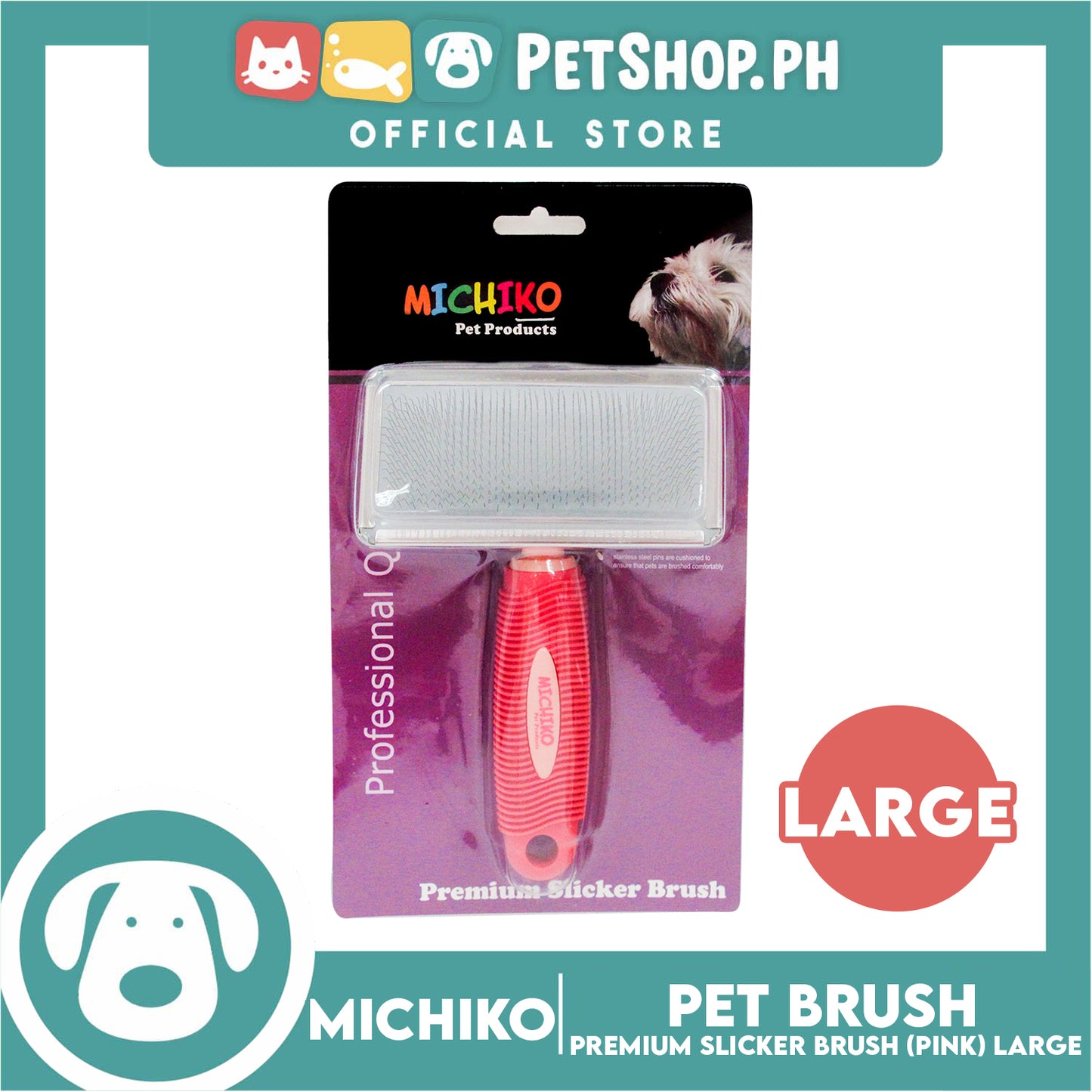 Michiko Premium Slicker Brush Pink Color (Large) Pet Brush, Pet Grooming