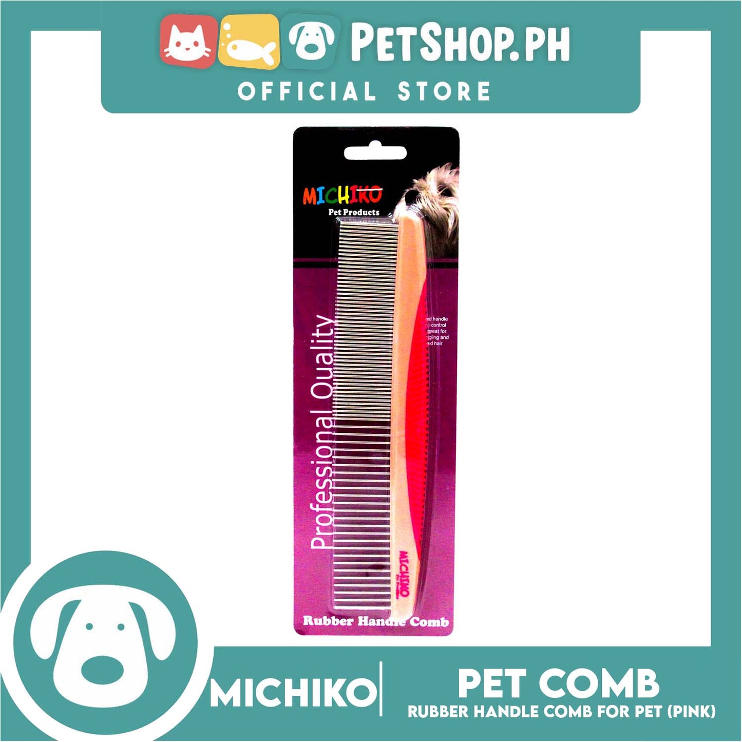 Michiko Rubber Handle Pet Comb (Pink) Pet Grooming