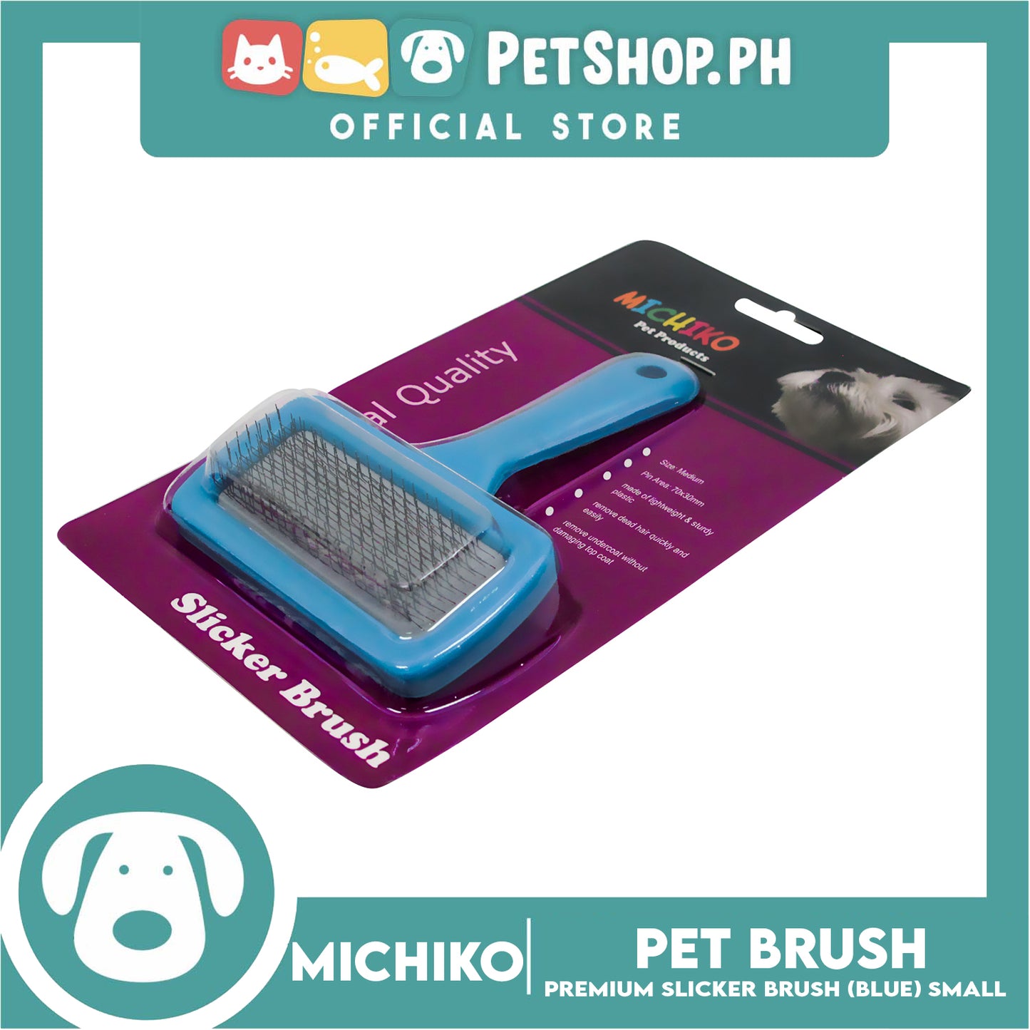 Michiko Slicker Brush Blue Color (Small) Pet Brush, Pet Grooming