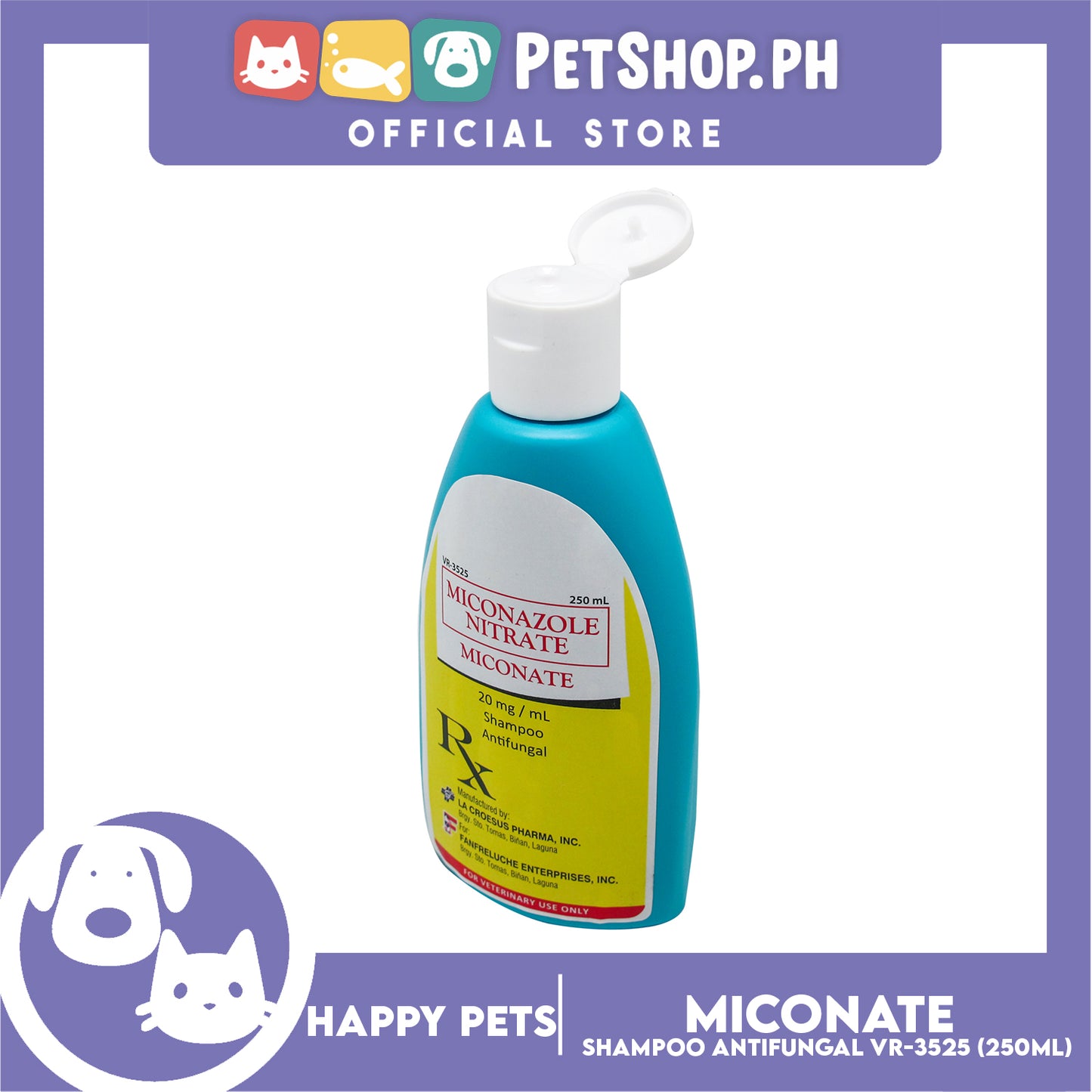 Happy Pets Miconazole Nitrate Miconate 250ml Antifungal Shampoo for Dogs and Cats