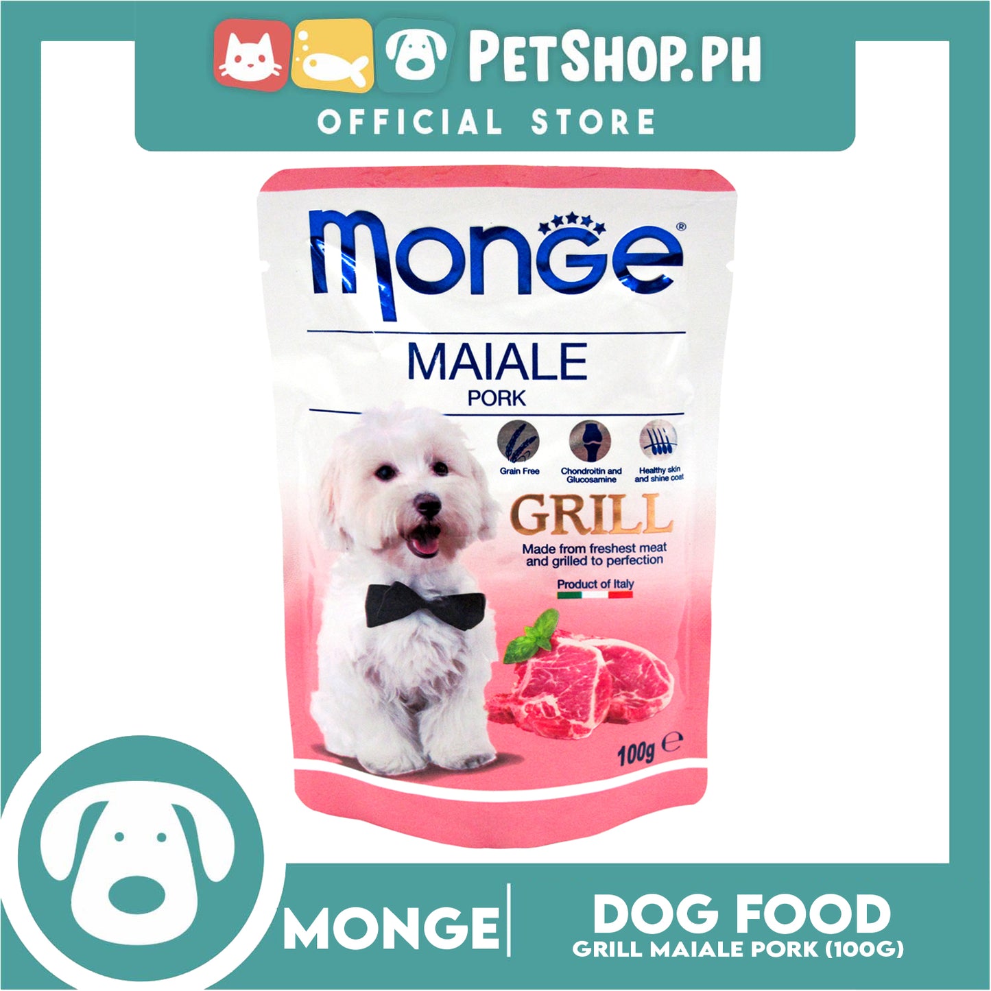 Monge Pouch Grill Chunkies Dog Food 100g (Maiale Pork) Grain Free And Helps Dog Shiny Hair