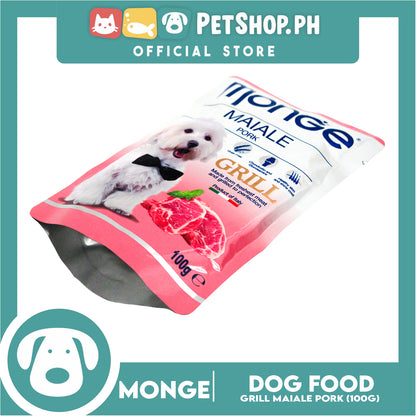 Monge Pouch Grill Chunkies Dog Food 100g (Maiale Pork) Grain Free And Helps Dog Shiny Hair