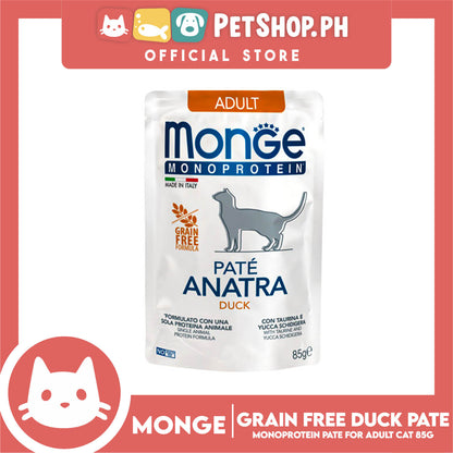 Monge Monoprotein Pate Wet Cat Food In Pouch For Adult, Grain Free 85g (Pate Anatra, Duck)