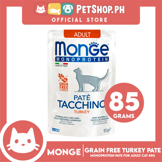 Monge Monoprotein Pate Wet Cat Food In Pouch For Adult, Grain Free 85g (Pate Tacchino, Turkey)