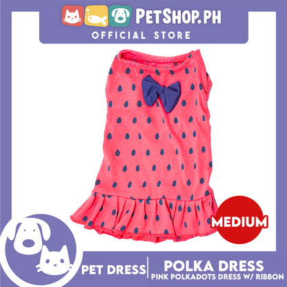 Pet Cloth Pink Polka Dress with Violet Ribbon Design