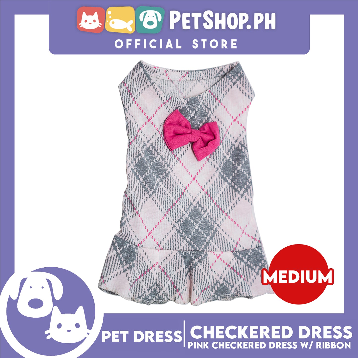 Pet Cloth Pink Checkered Dress with Pink Ribbon Design