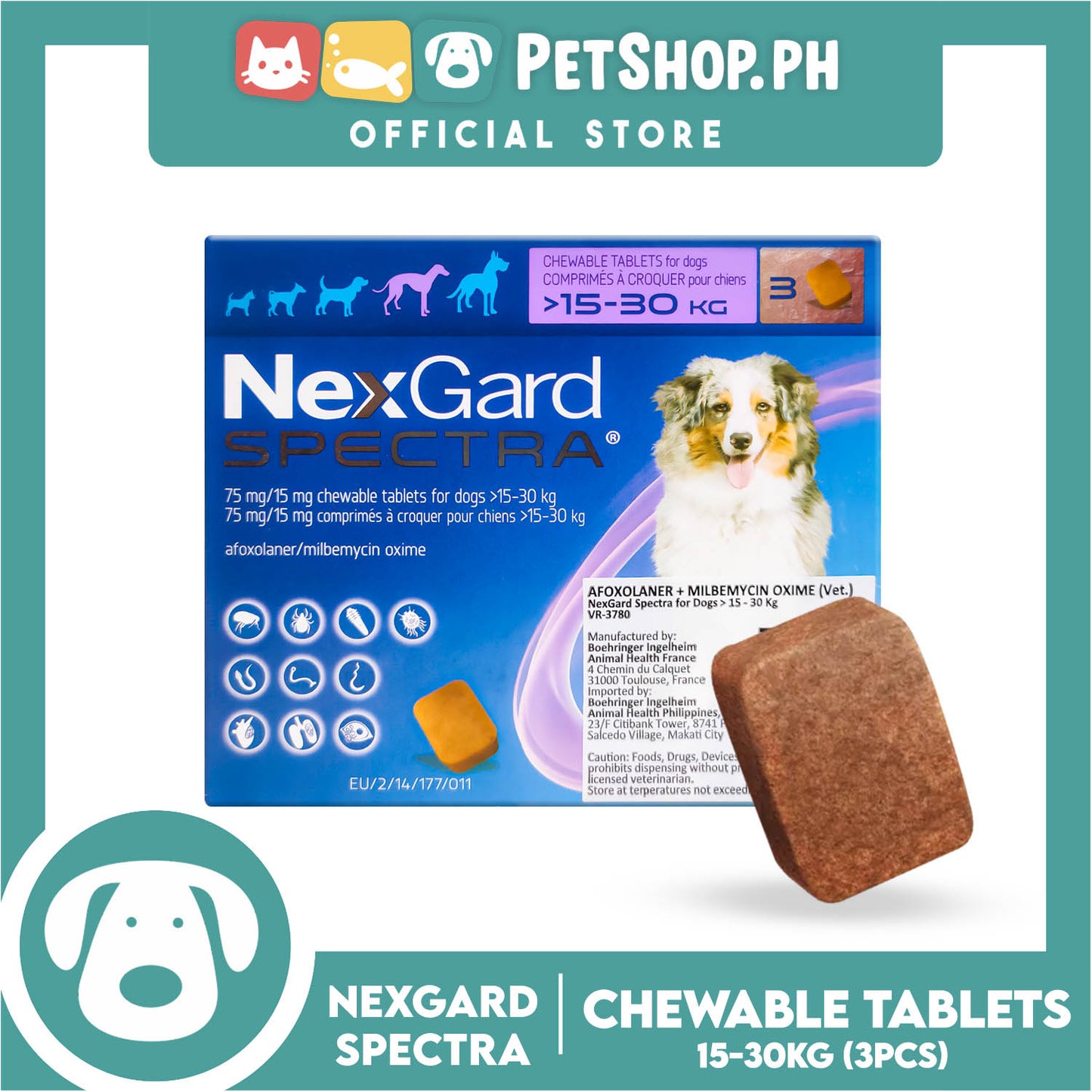 NexGard Spectra Chewable Tablets For Dogs Large 15-30kg 75mg/15mg (3 Tablets) For Dogs Protection Against Fleas, Ticks, Mites, Heartworm And Worms