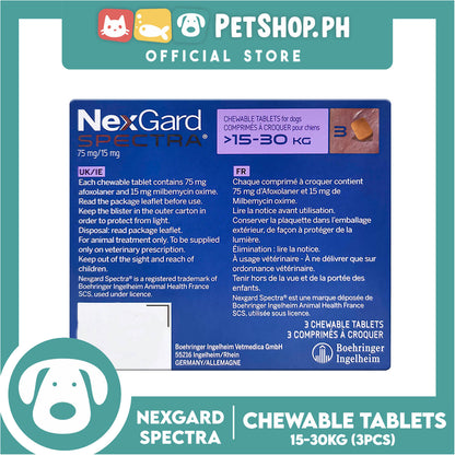 NexGard Spectra Chewable Tablets For Dogs Large 15-30kg 75mg/15mg (3 Tablets) For Dogs Protection Against Fleas, Ticks, Mites, Heartworm And Worms