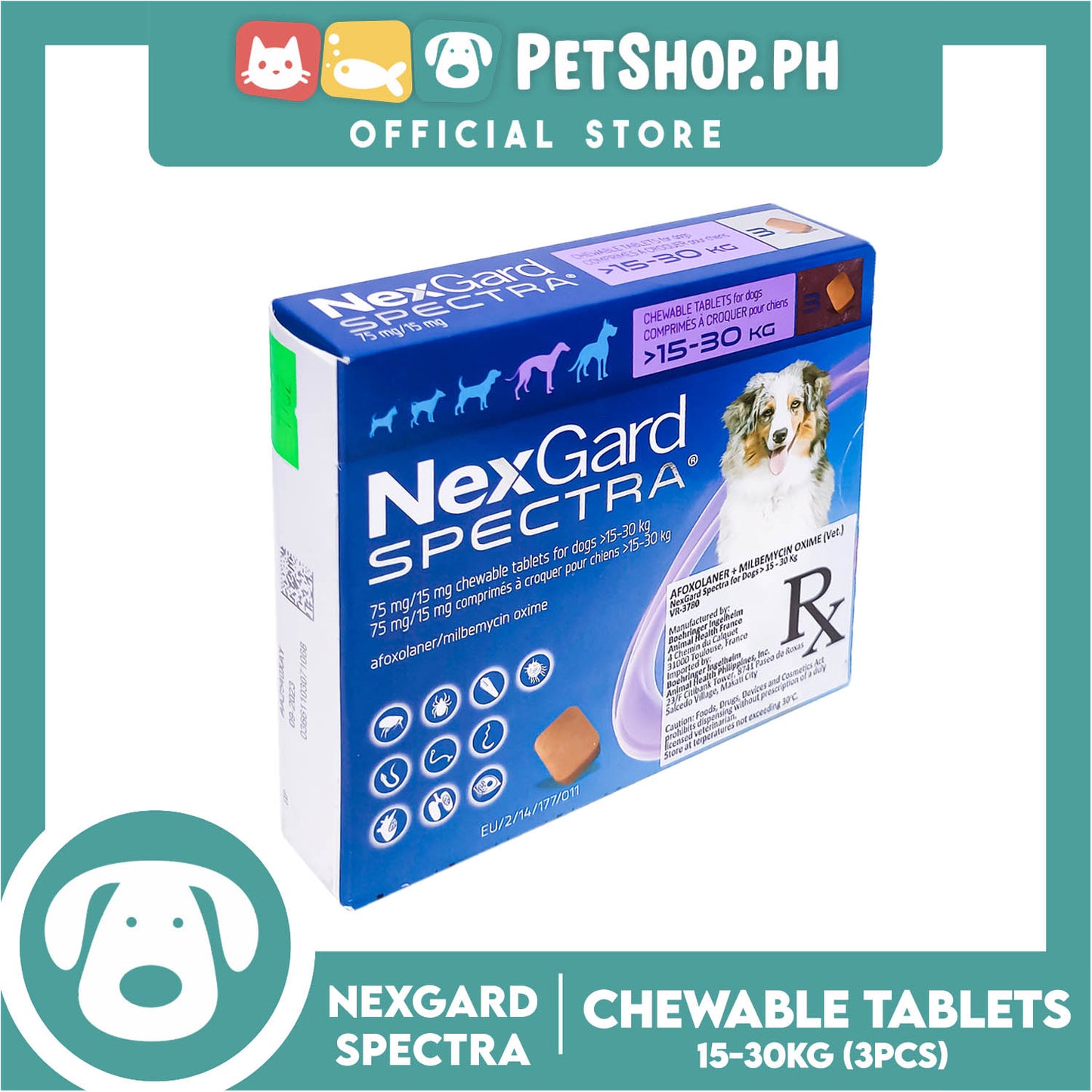 NexGard Spectra Chewable Tablets For Dogs Large 15-30kg 75mg/15mg (3 Tablets) For Dogs Protection Against Fleas, Ticks, Mites, Heartworm And Worms