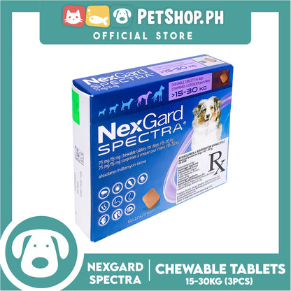 NexGard Spectra Chewable Tablets For Dogs Large 15-30kg 75mg/15mg (3 Tablets) For Dogs Protection Against Fleas, Ticks, Mites, Heartworm And Worms