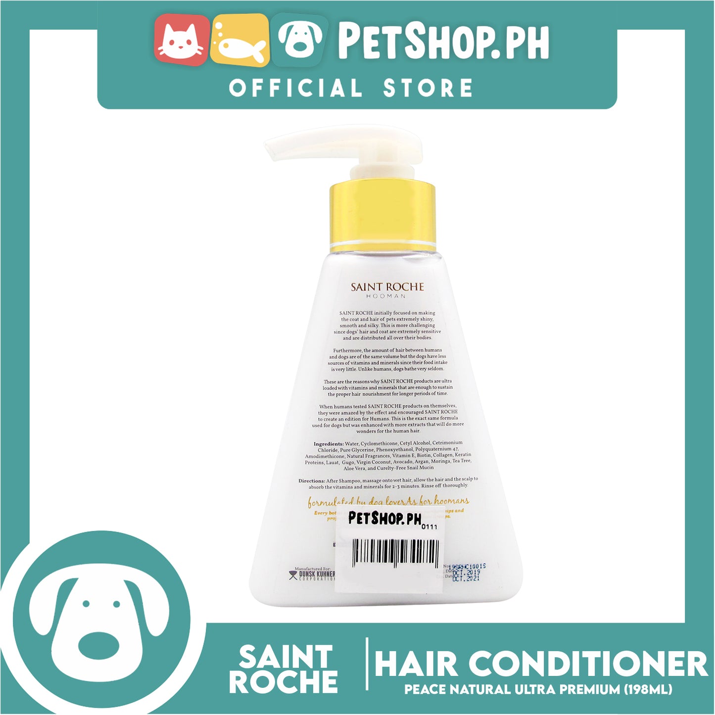 Saint Roche Hooman Natural Ultra Premium Conditioner (Peace Scent) 198ml For The Skin and Coat of Your Dogs