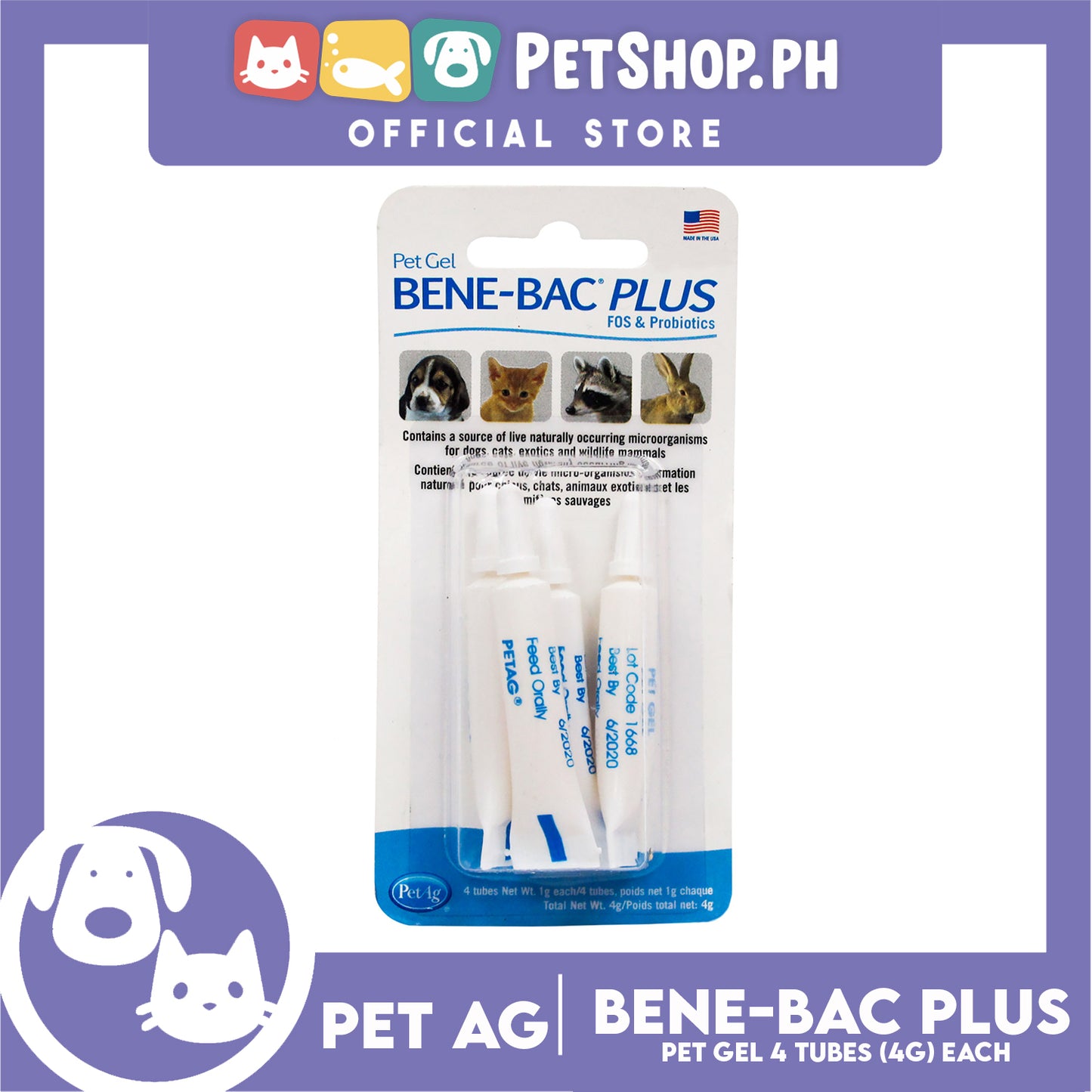 Pet Ag Bene-Bac Plus FOS and Probiotics 4g Pet Gel Set of 4 Tubes