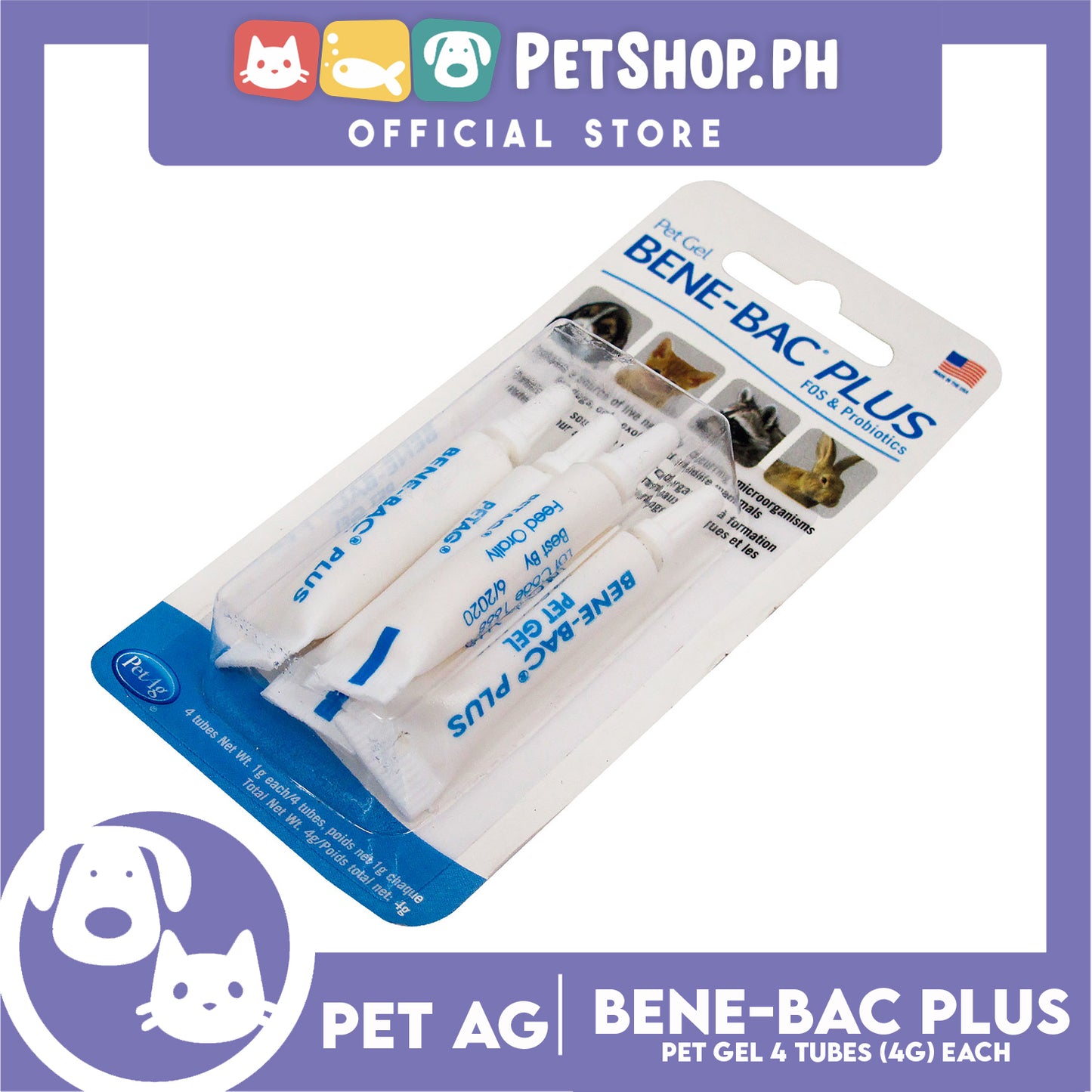 Pet Ag Bene-Bac Plus FOS and Probiotics 4g Pet Gel Set of 4 Tubes