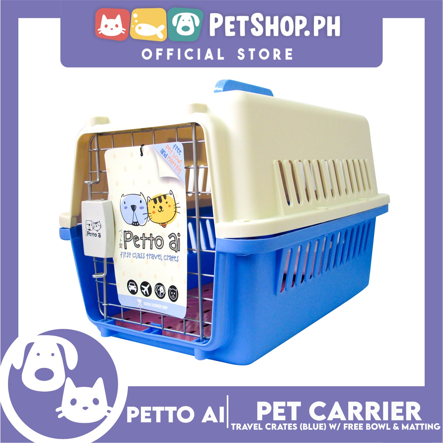 Petto Ai Dog Pet Carrier Crate (Blue) Pet Travel Carrier Animal Box