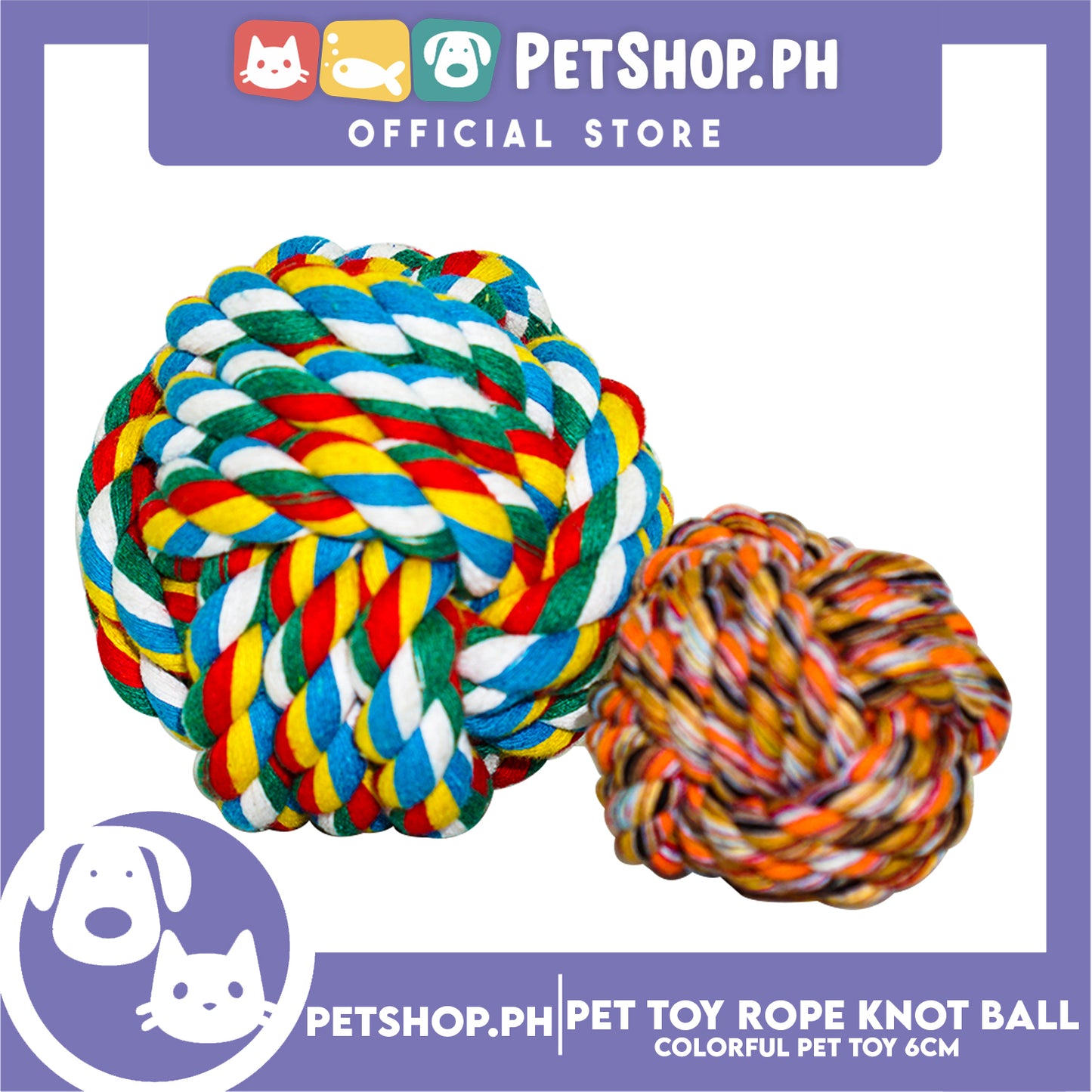 Pet Toy Colorful Rope Knot Ball 6cm for Puppies, Kittens & Small Dogs  -Teething Chew Toy, Tug Toy