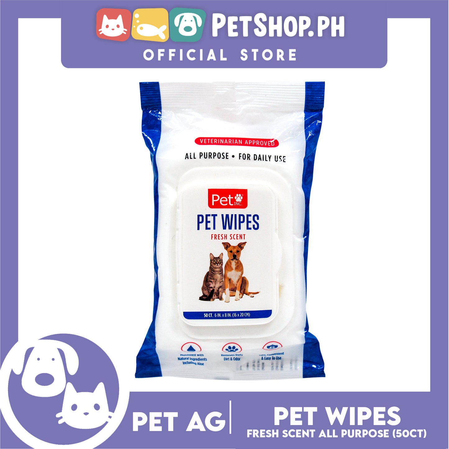 Pet Inc Pet Wipes Fresh Scent 50 Count All Purpose for Daily Use