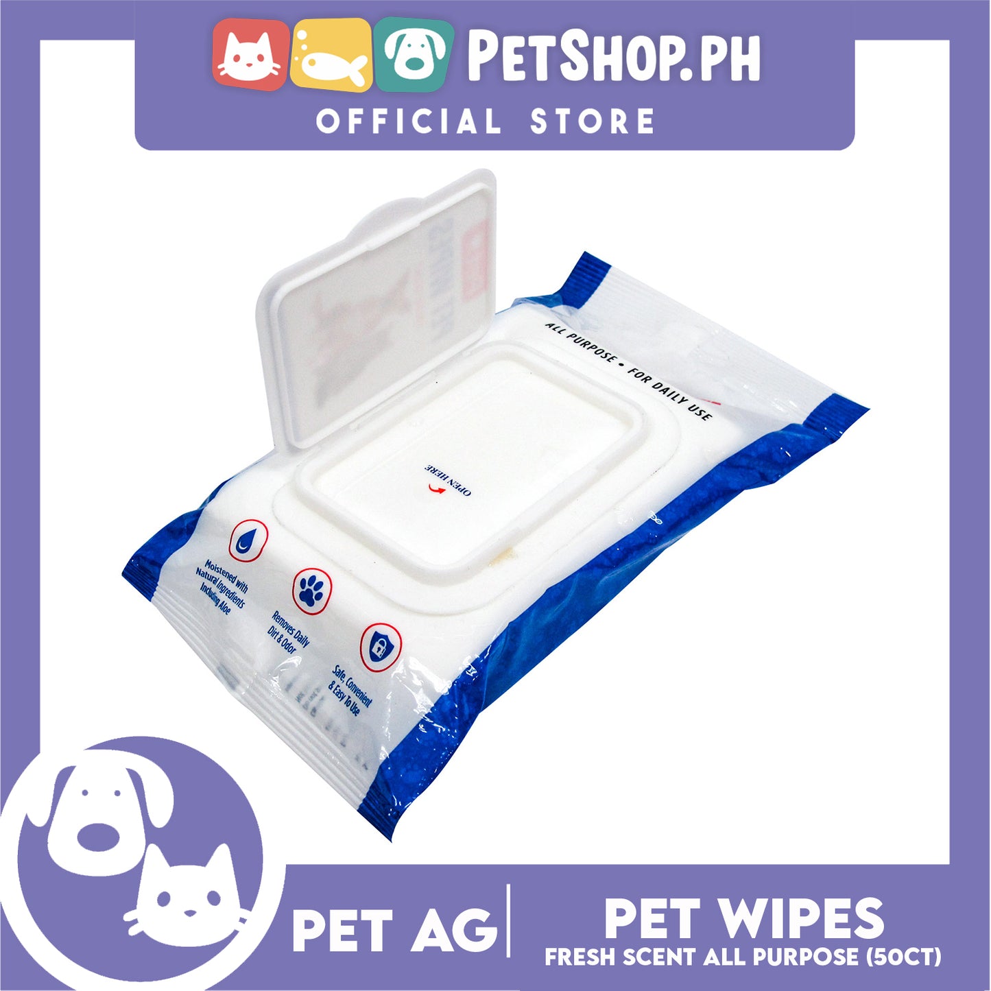Pet Inc Pet Wipes Fresh Scent 50 Count All Purpose for Daily Use
