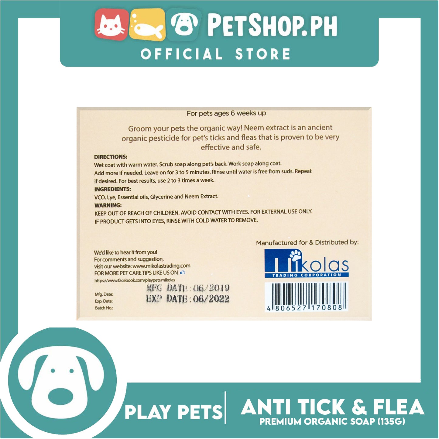 Play Pets Premium Organic Soap 135g (Anti-Tick and Flea) Dog Soap
