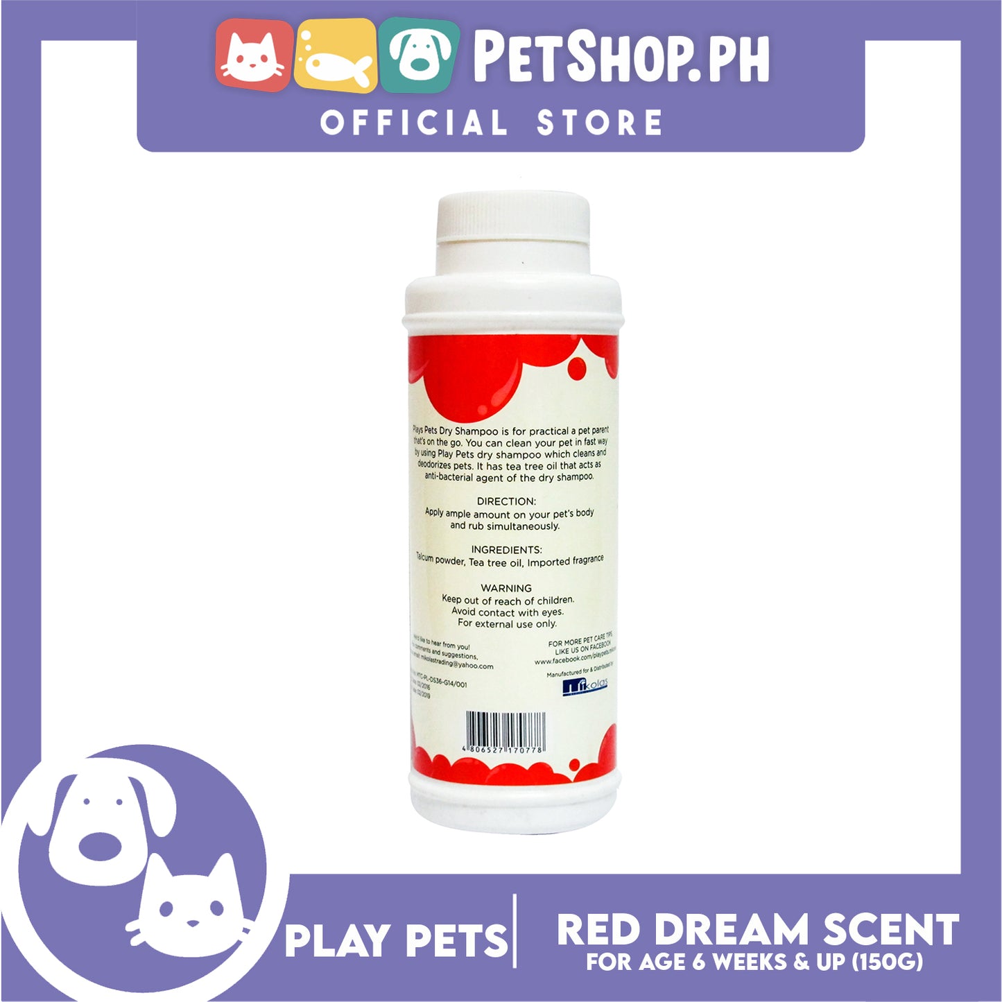 Play Pets Dry Shampoo 150g (Red Dream Scent) For All Types Of Dogs And Cats