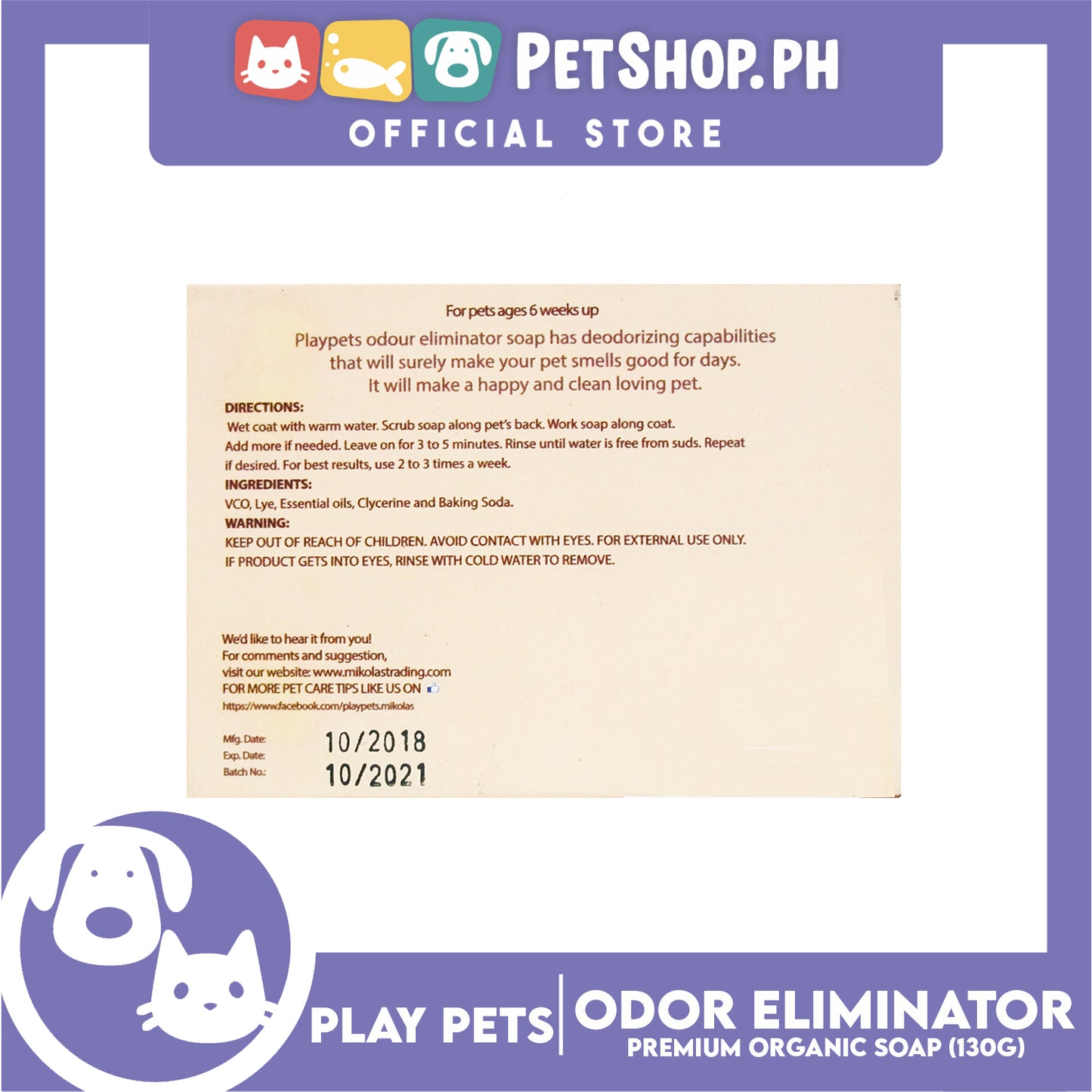 Play Pets Premium Organic Soap 135g (Odor Eliminator) Dog Soap