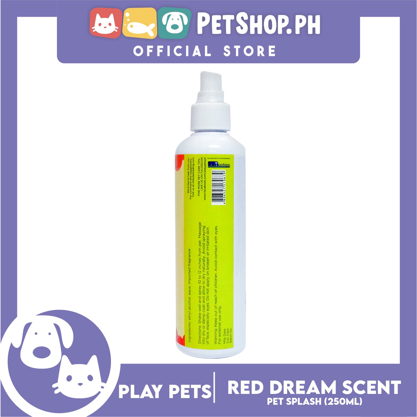Play Pets, Pet Splash (Red Dream Scent) Pet Cologne 250ml For All Types Of Dogs And Cats