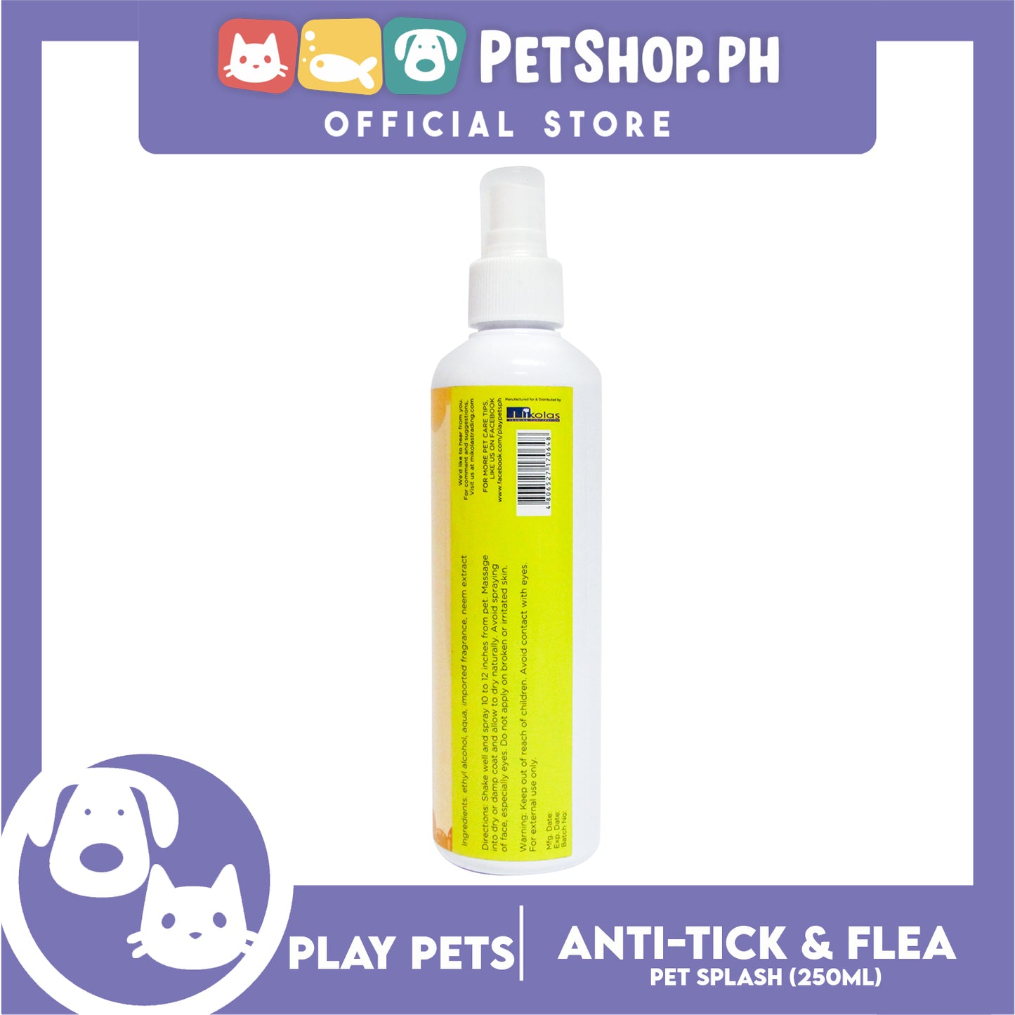 Play Pets, Pet Splash Anti-Tick and Flea, 2-in-1 Pet Cologne 250ml For All Types Of Dogs And Cats
