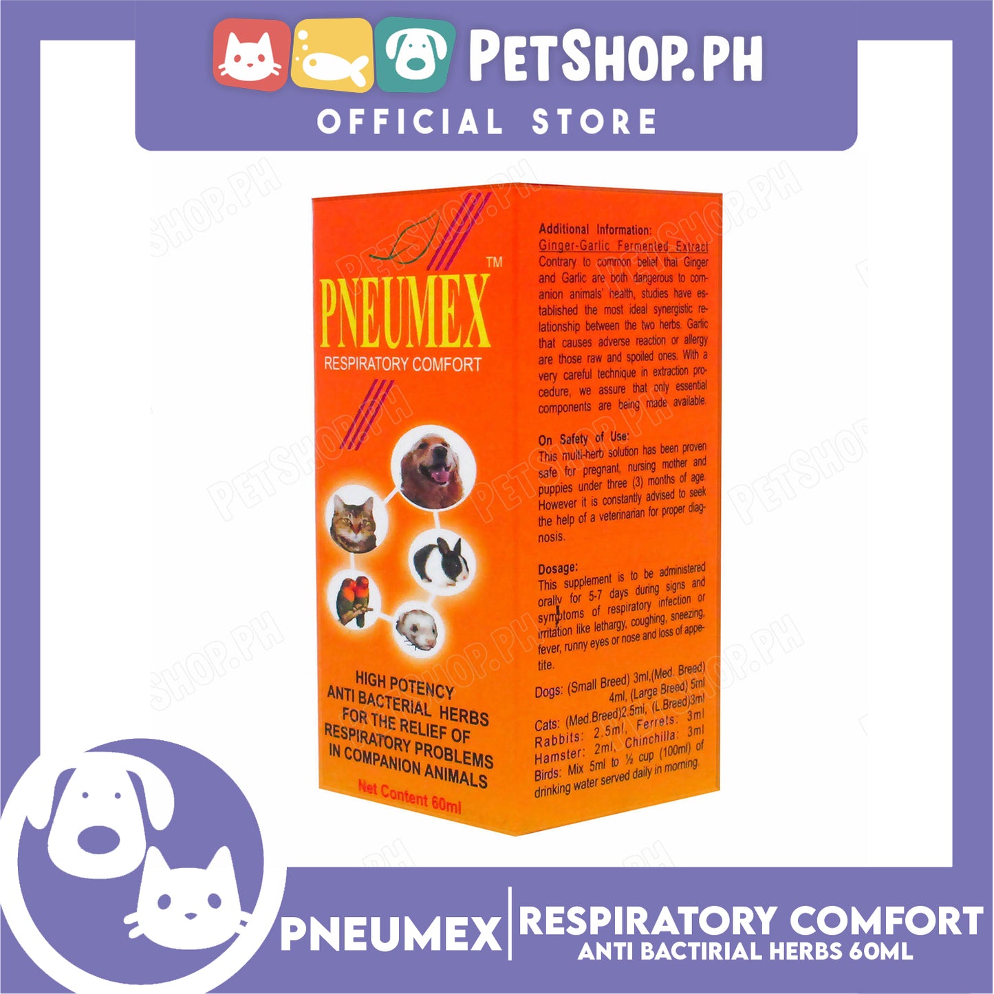 Pneumex Respiratory Comfort 60ml High Potency, Anti Bacterial Herbs For The Relief Of Respiratory Problems In Companion Animals