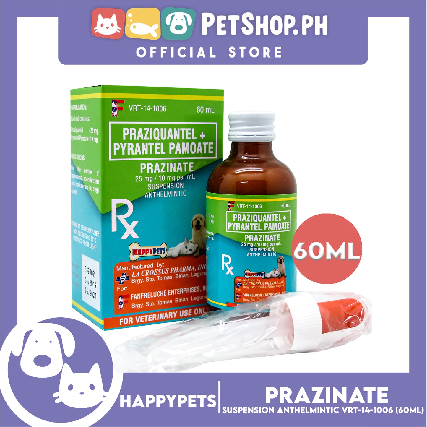 Happy Pets Prazinate Praziquantel + Pyrantel Pamoate Suspension Anthelmintic VRT-14-1006 60ml