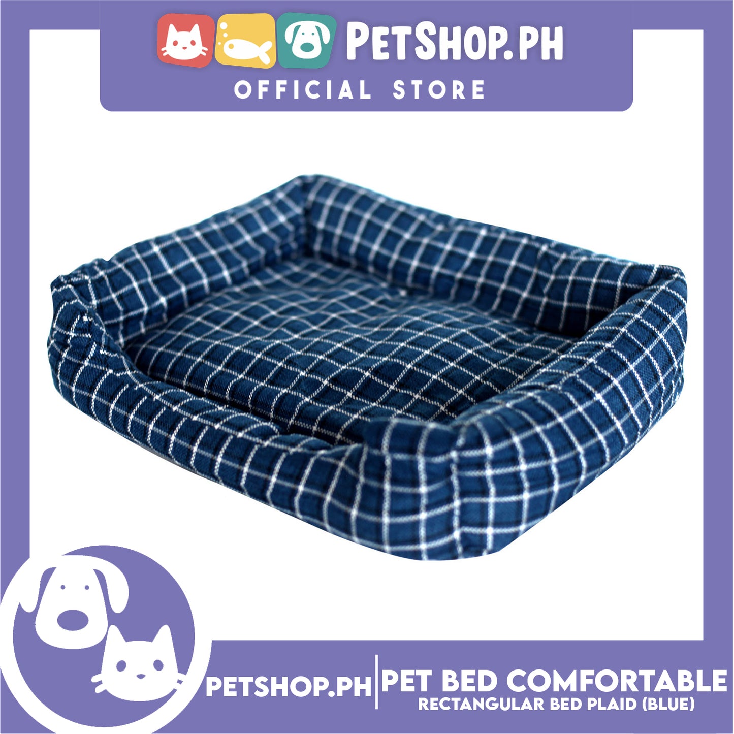 Pet Bed Comfortable Rectangular Pet Bed Plaid Design 50x41x10cm Medium for Dogs & Cats (Blue)