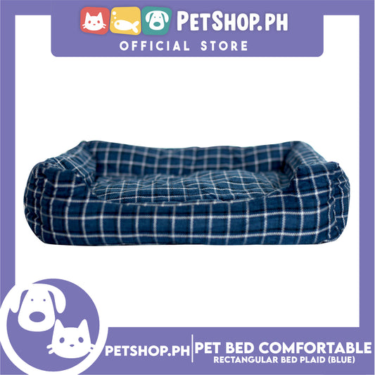Pet Bed Comfortable Rectangular Pet Bed Plaid Design 63x50x10cm Large for Dogs & Cats (Blue)