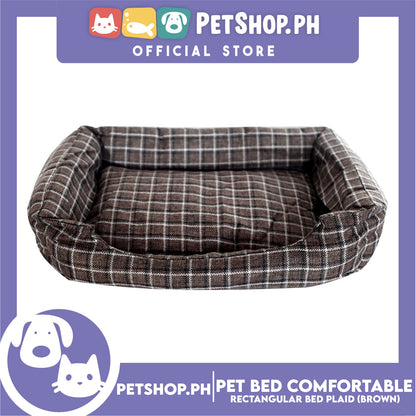 Pet Bed Comfortable Rectangular Pet Bed Plaid Design 63x50x10cm Large for Dogs & Cats (Brown)