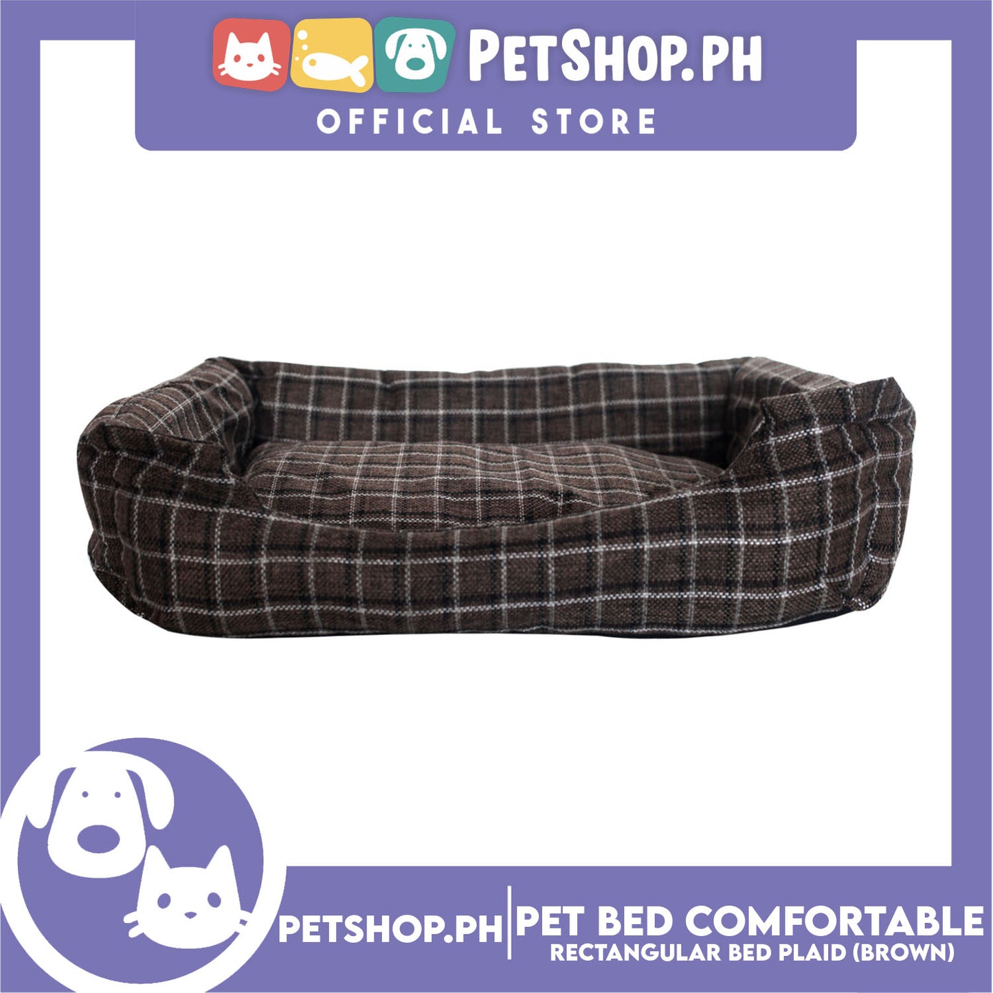 Pet Bed Comfortable Rectangular Pet Bed Plaid Design 63x50x10cm Large for Dogs & Cats (Brown)