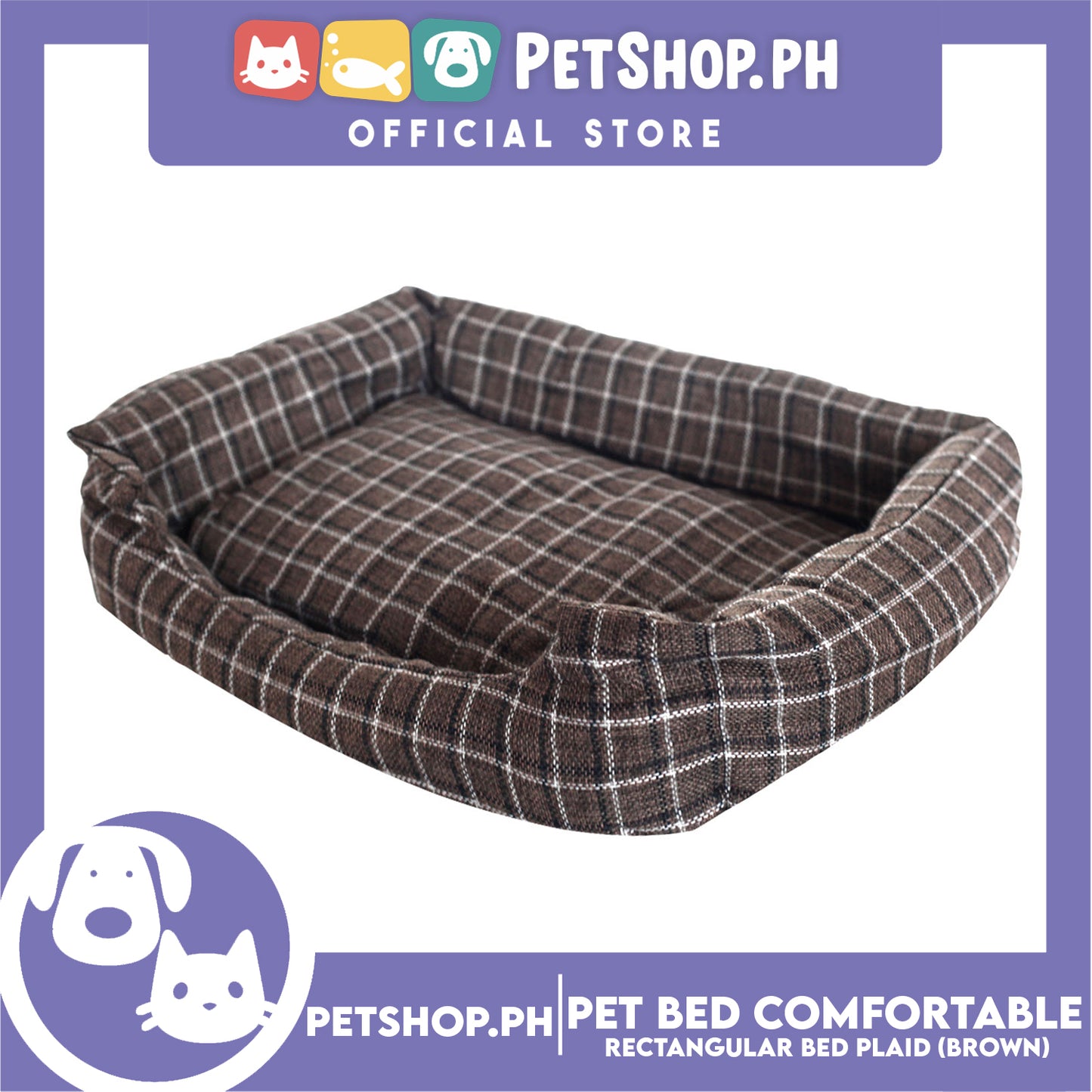 Pet Bed Comfortable Rectangular Pet Bed Plaid Design 63x50x10cm Large for Dogs & Cats (Brown)
