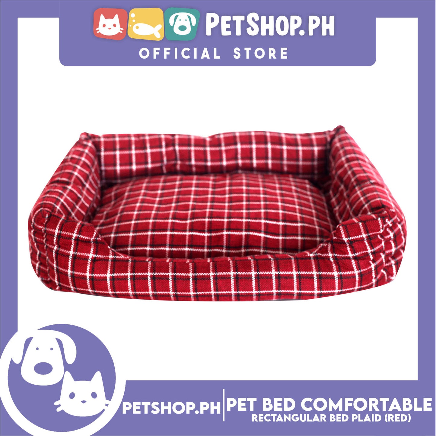 Pet Bed Comfortable Rectangular Pet Bed Plaid Design 50x41x10cm Medium for Dogs & Cats (Red)