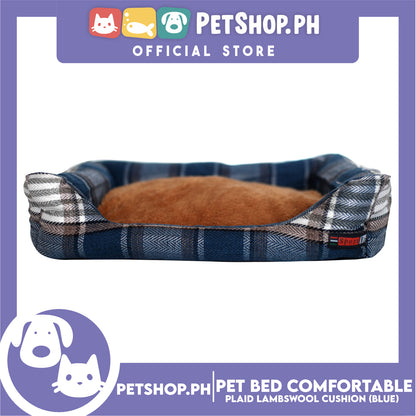 Pet Bed Comfortable Sleeping Bed Plaid Cotton Design with Lambswool Cushion 70x53x11cm Large (Blue)