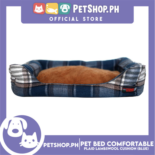 Pet Bed Comfortable Sleeping Bed Plaid Cotton Design with Lambswool Cushion 70x53x11cm Large (Blue)