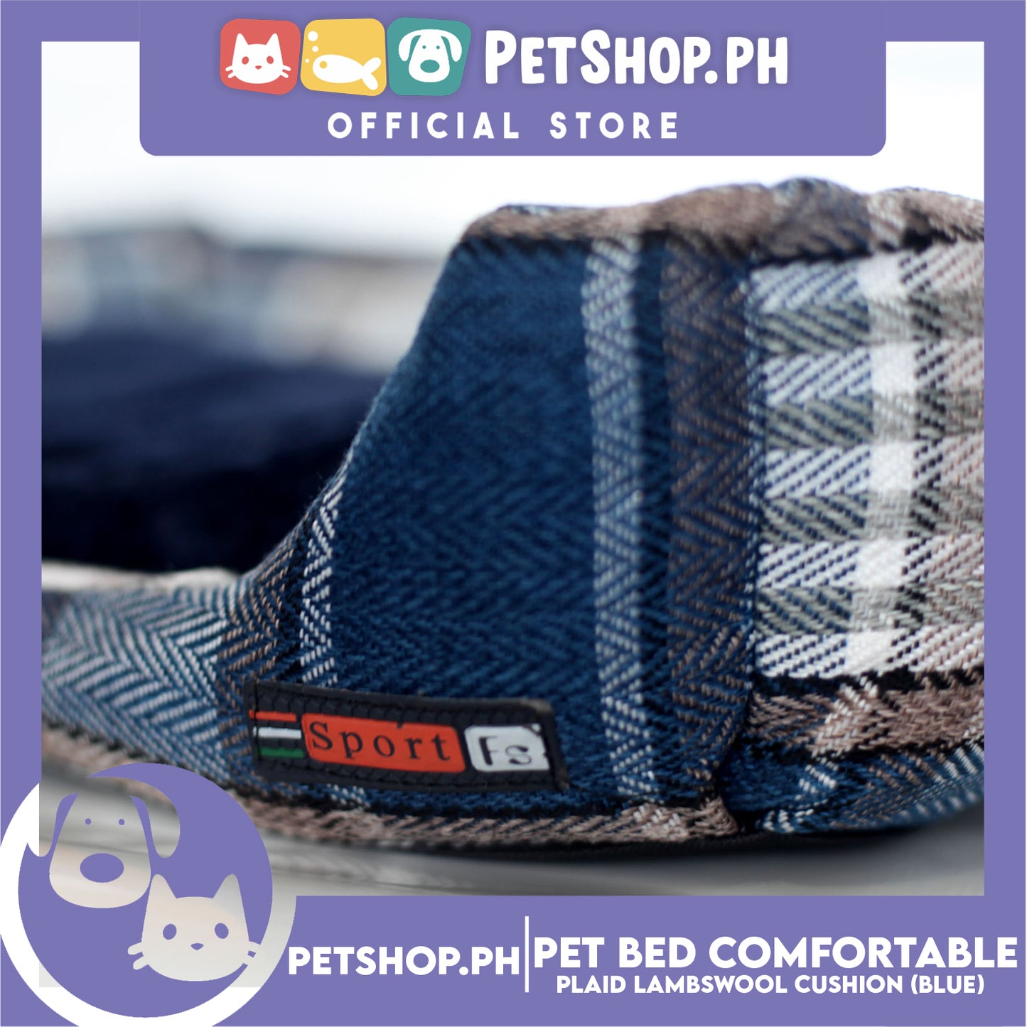Pet Bed Comfortable Sleeping Bed Plaid Cotton Design with Lambswool Cushion 52x40x10cm Small (Blue)