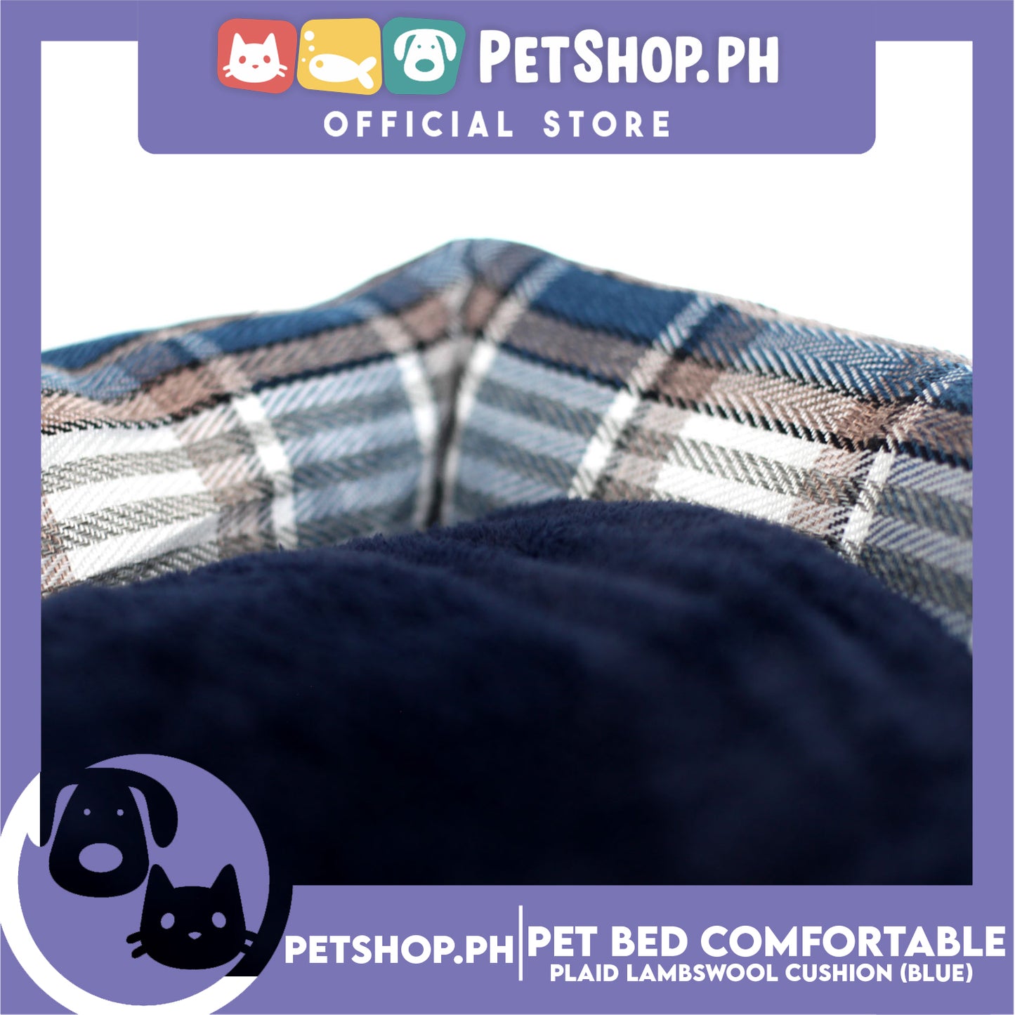 Pet Bed Comfortable Sleeping Bed Plaid Cotton Design with Lambswool Cushion 70x53x11cm Large (Blue)