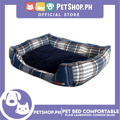 Pet Bed Comfortable Sleeping Bed Plaid Cotton Design with Lambswool Cushion 62x45x12cm Medium (Blue)