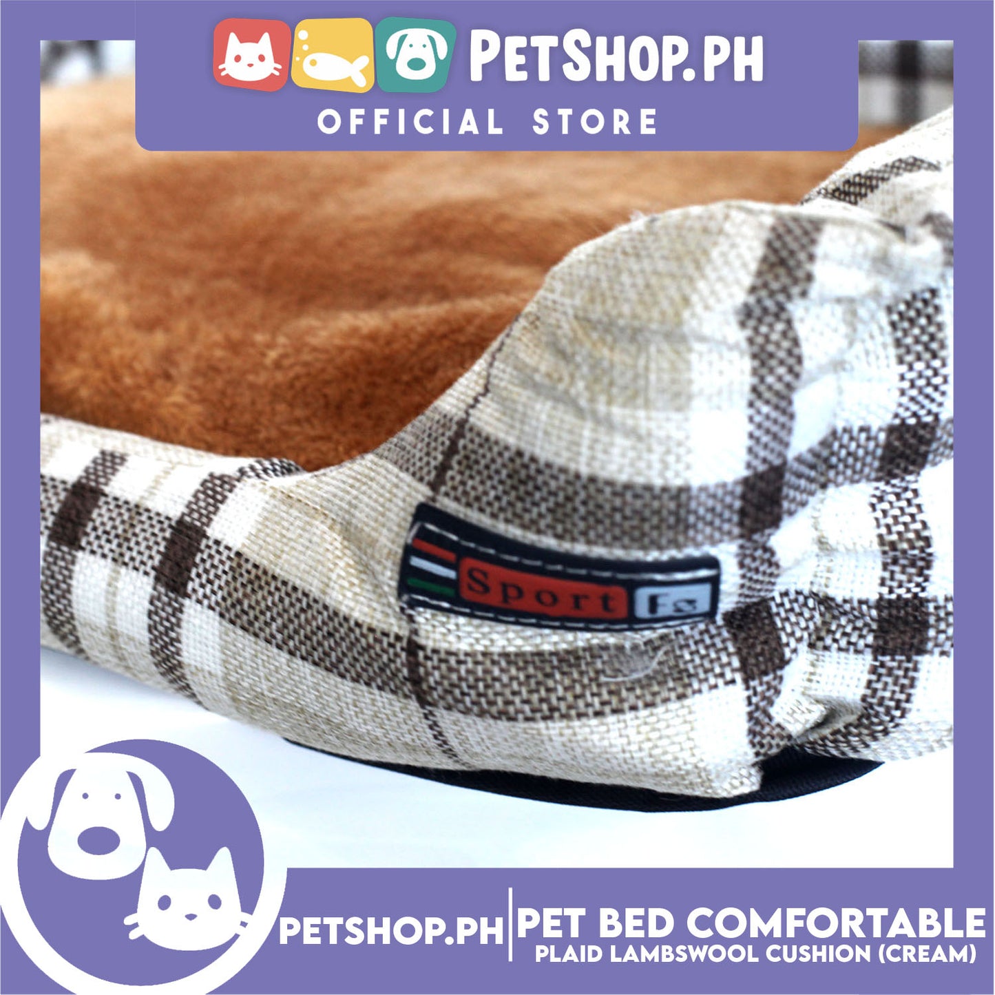 Pet Bed Comfortable Sleeping Bed Plaid Cotton Design with Lambswool Cushion 62x45x12cm Medium (Cream