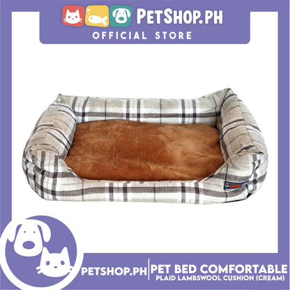 Pet Bed Comfortable Sleeping Bed Plaid Cotton Design with Lambswool Cushion 70x53x11cm Large (Cream)