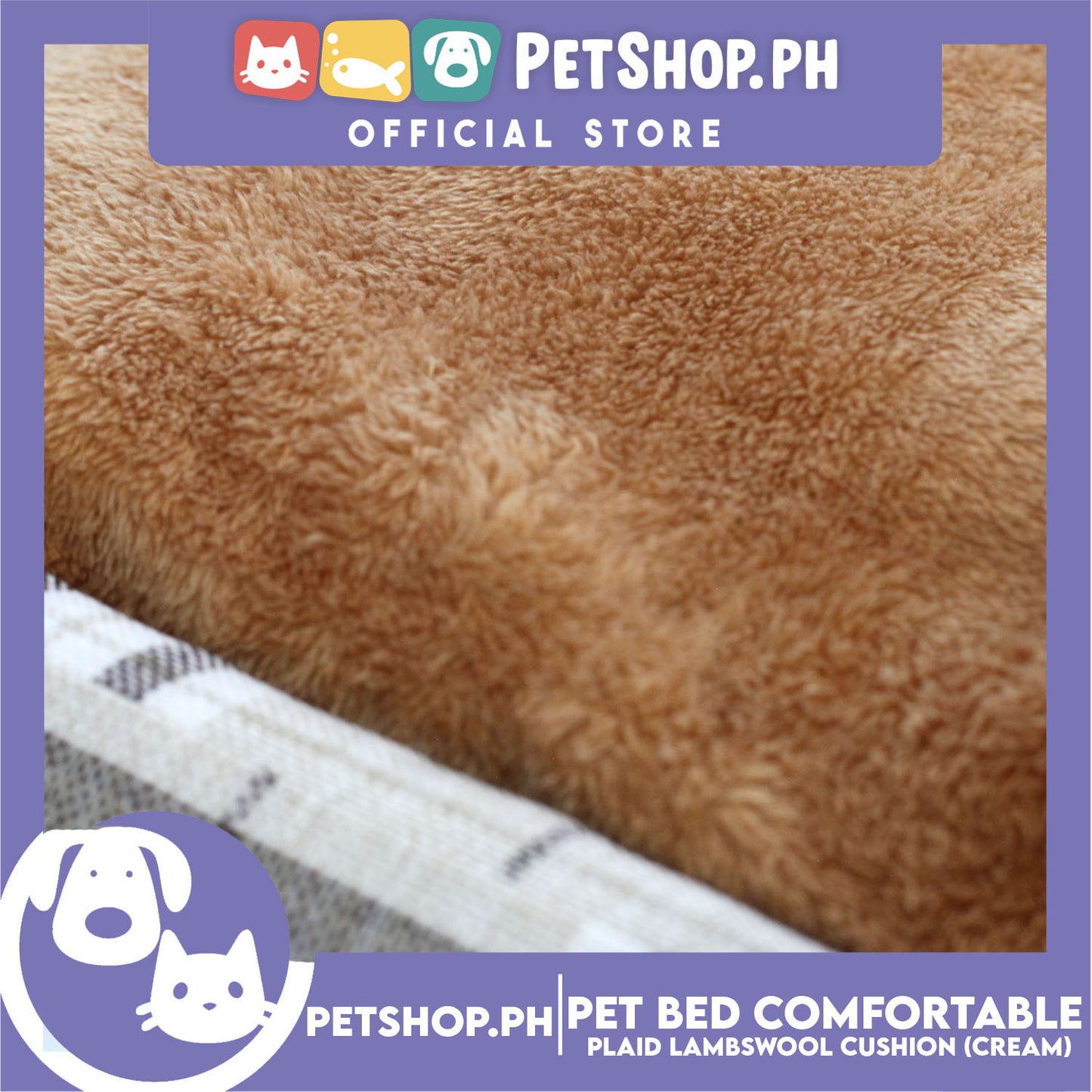Pet Bed Comfortable Sleeping Bed Plaid Cotton Design with Lambswool Cushion 62x45x12cm Medium (Cream